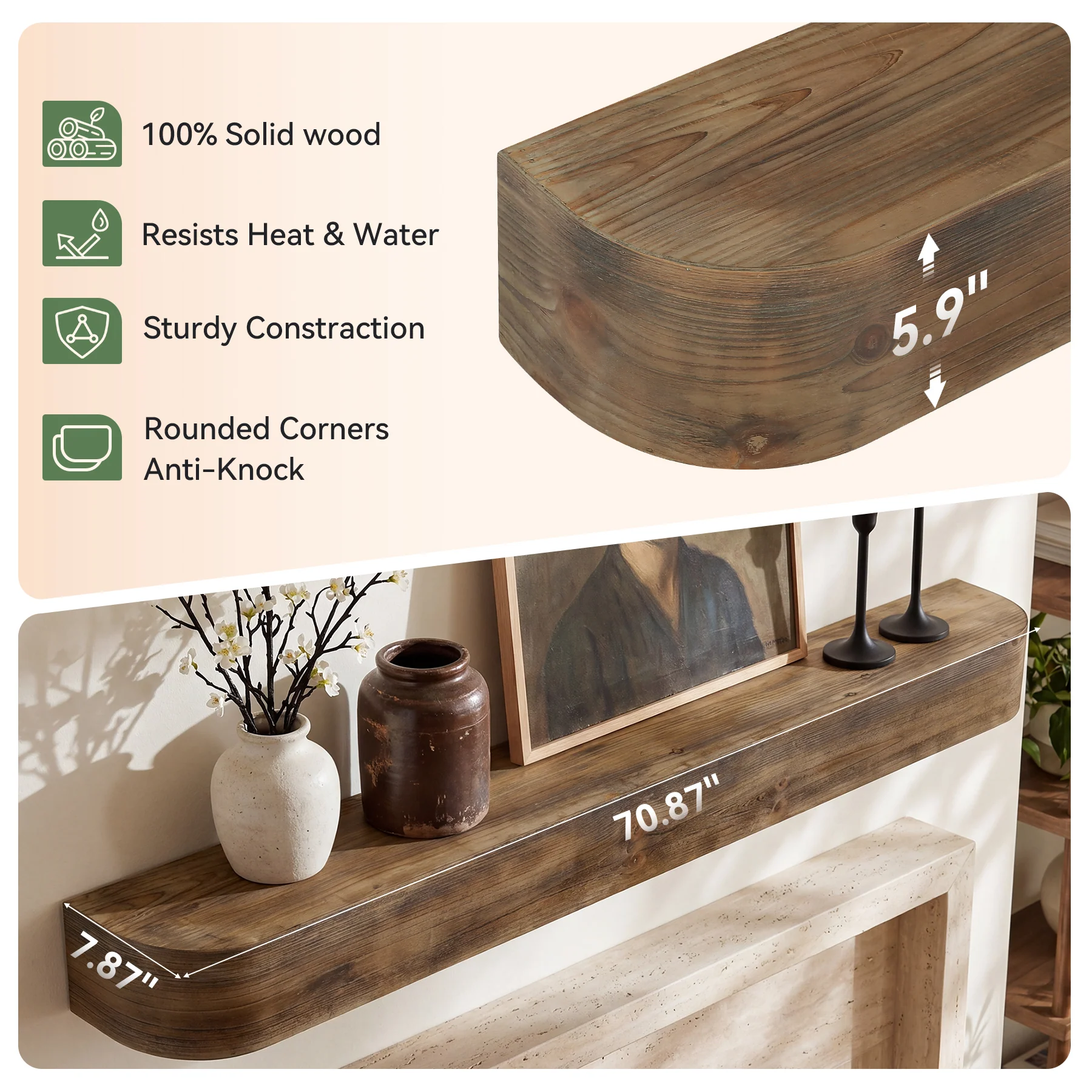 71" Fireplace Mantel, Solid Wood Floating Shelf, Wall Mounted Mantel for Over Fireplace - Image 6