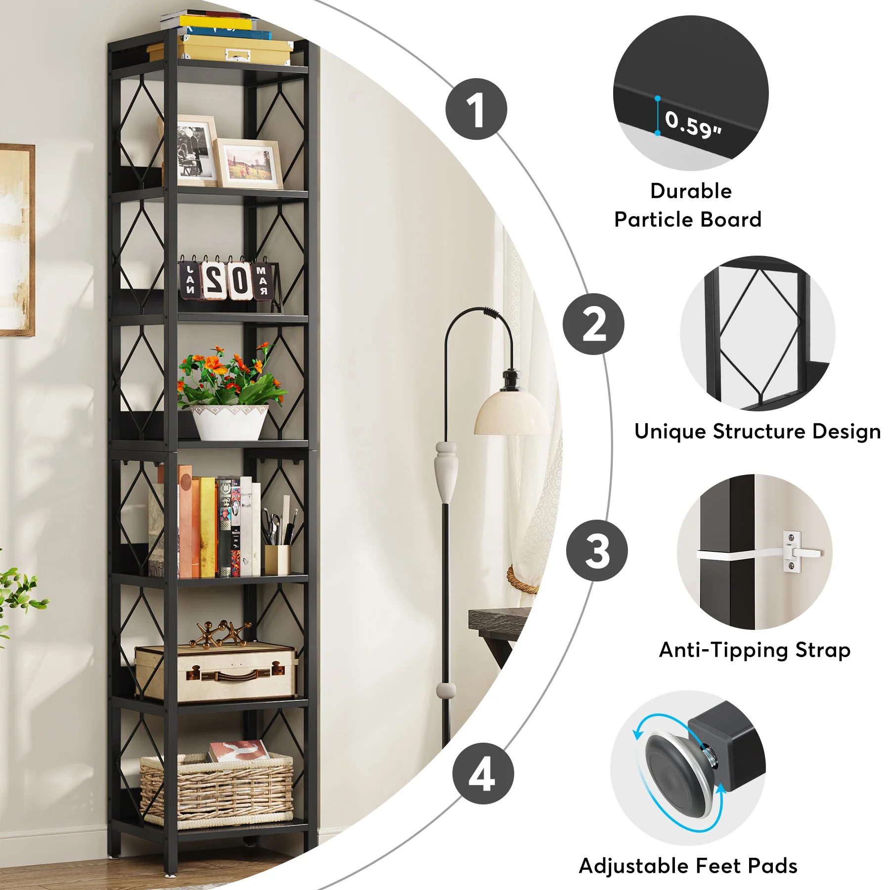 78.7” Tall Narrow Bookshelf, Slim Display Shelf for Home Office & Small Areas - Image 12