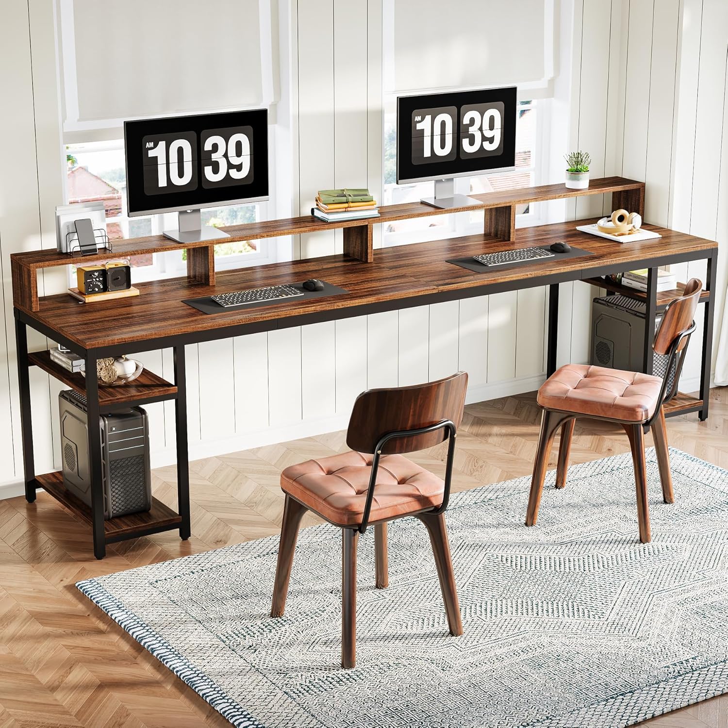 78.74" Extra Long Two Person Desk, Double Computer Desk with Storage Shelves