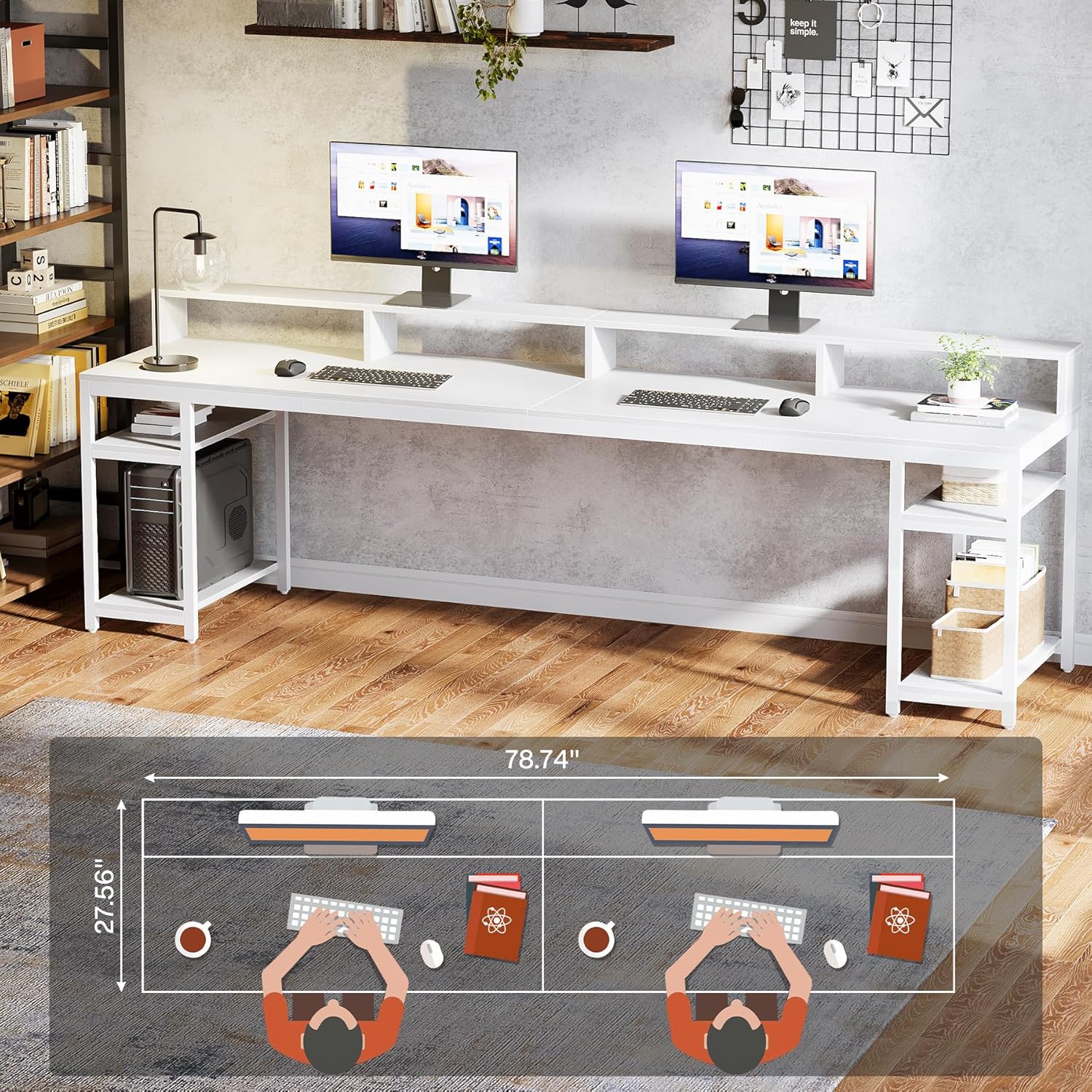 78.74" Extra Long Two Person Desk, Double Computer Desk with Storage Shelves - Image 16
