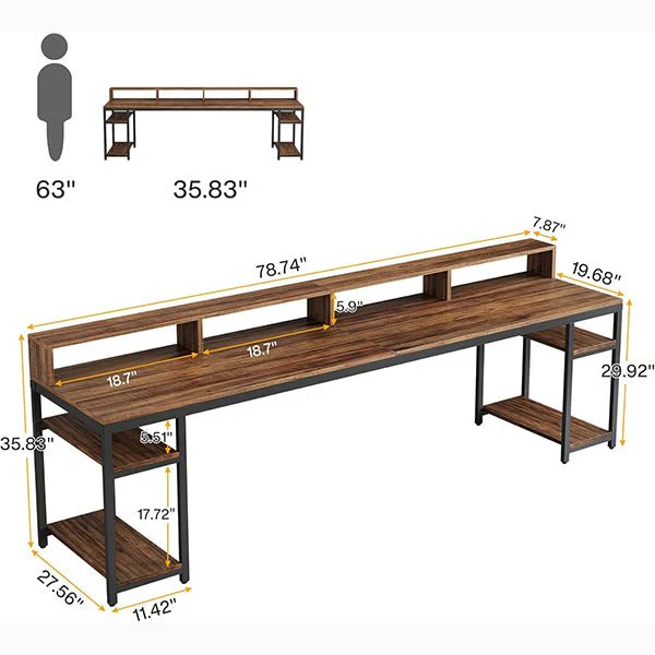 78.74" Extra Long Two Person Desk, Double Computer Desk with Storage Shelves - Image 2