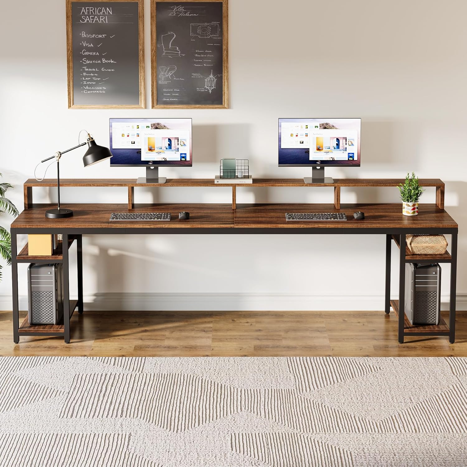 78.74" Extra Long Two Person Desk, Double Computer Desk with Storage Shelves - Image 3