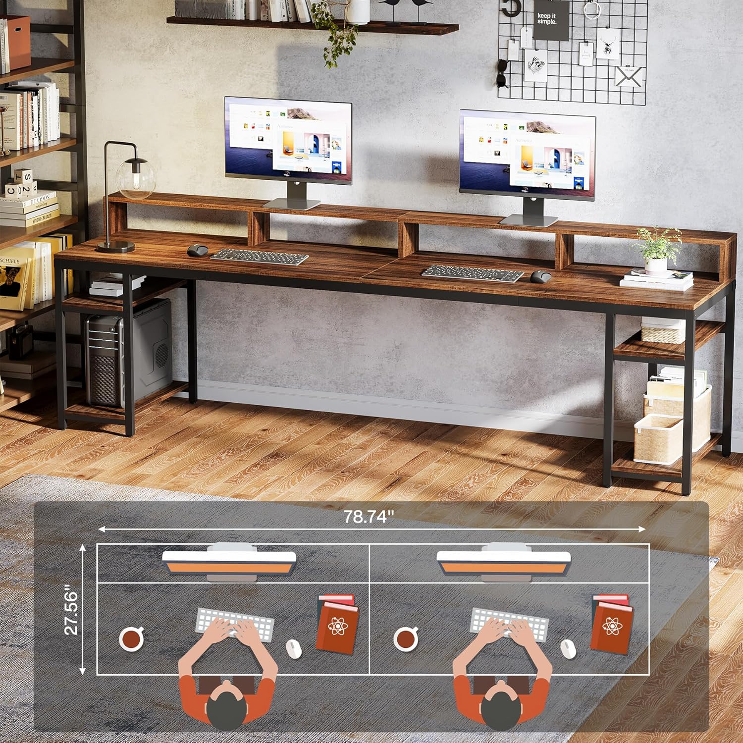 78.74" Extra Long Two Person Desk, Double Computer Desk with Storage Shelves - Image 4