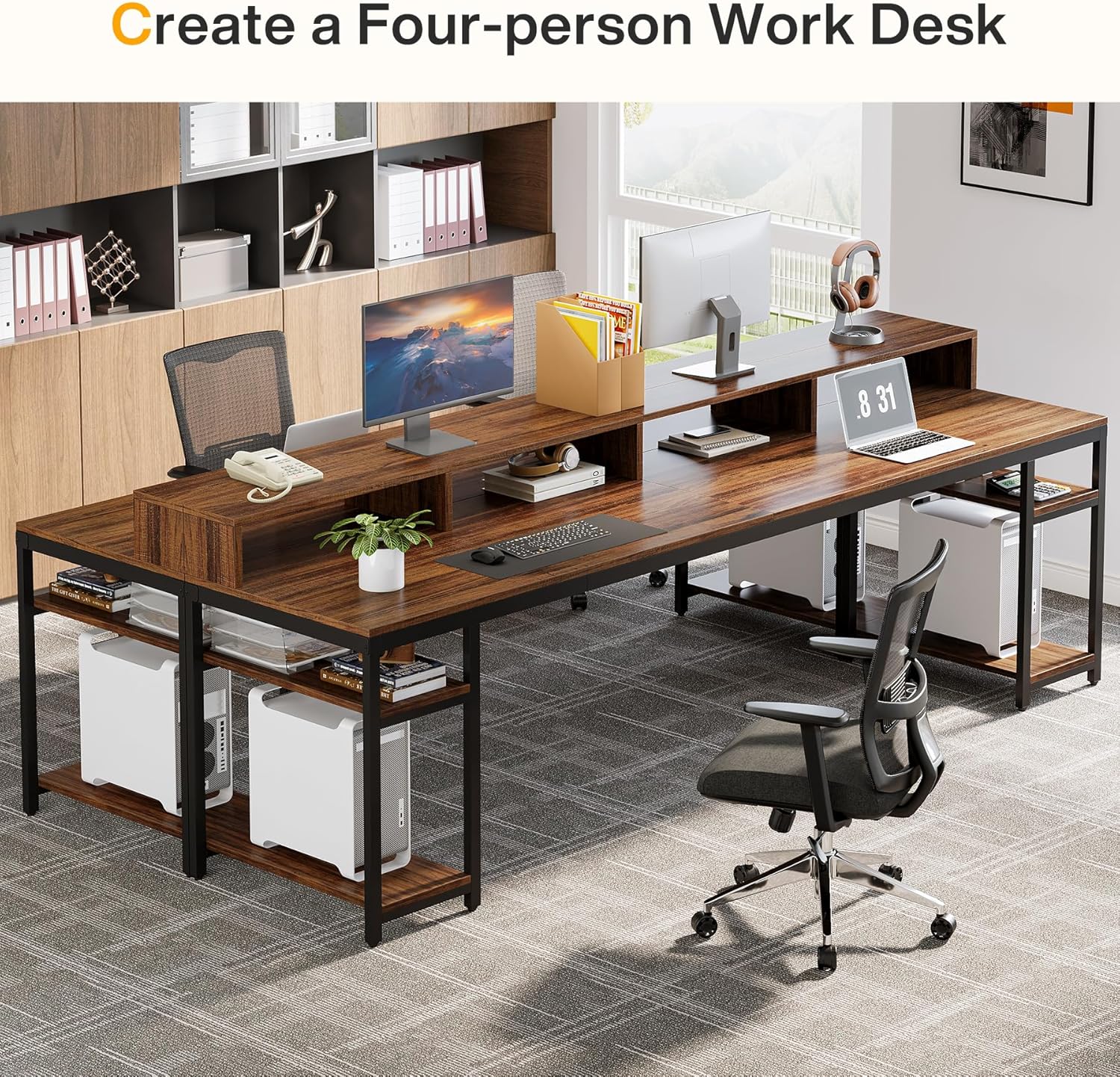 78.74" Extra Long Two Person Desk, Double Computer Desk with Storage Shelves - Image 5