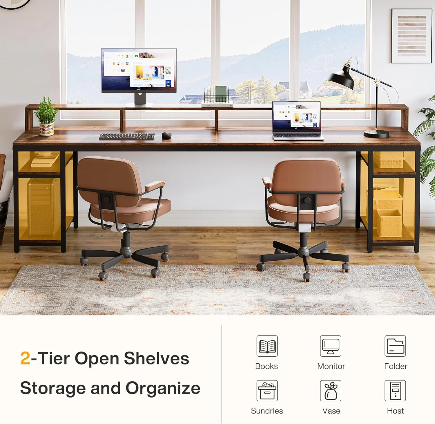 78.74" Extra Long Two Person Desk, Double Computer Desk with Storage Shelves - Image 7