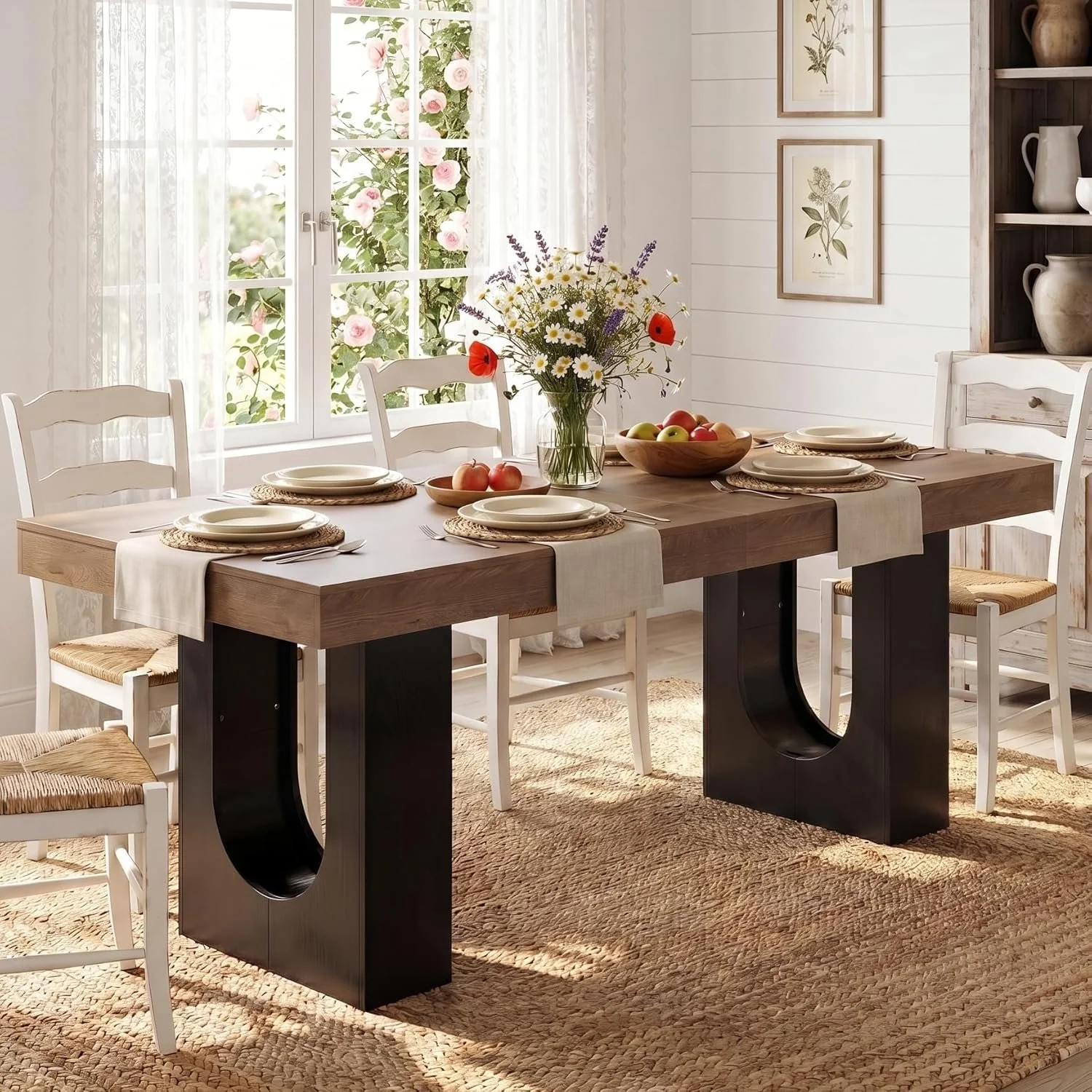 78.7" Rectangular Dining Table, Modern Farmhouse Kitchen Table with Sculptural Pedestal Base for 6-8 People