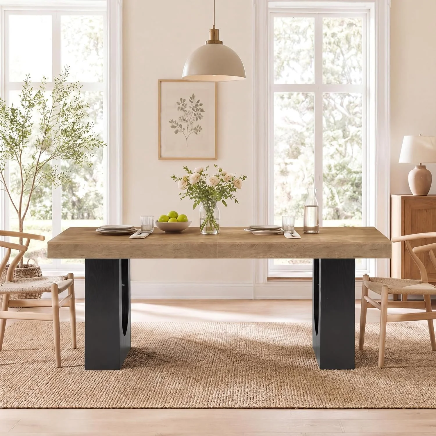 78.7" Rectangular Dining Table, Modern Farmhouse Kitchen Table with Sculptural Pedestal Base for 6-8 People - Image 4