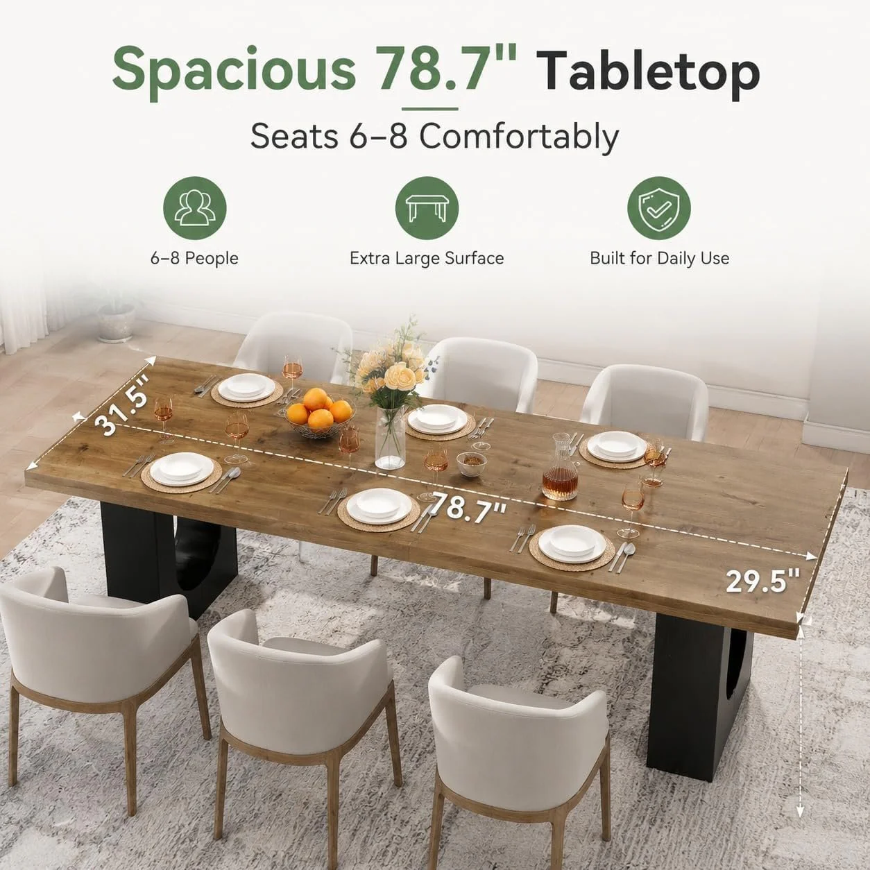 78.7" Rectangular Dining Table, Modern Farmhouse Kitchen Table with Sculptural Pedestal Base for 6-8 People - Image 5
