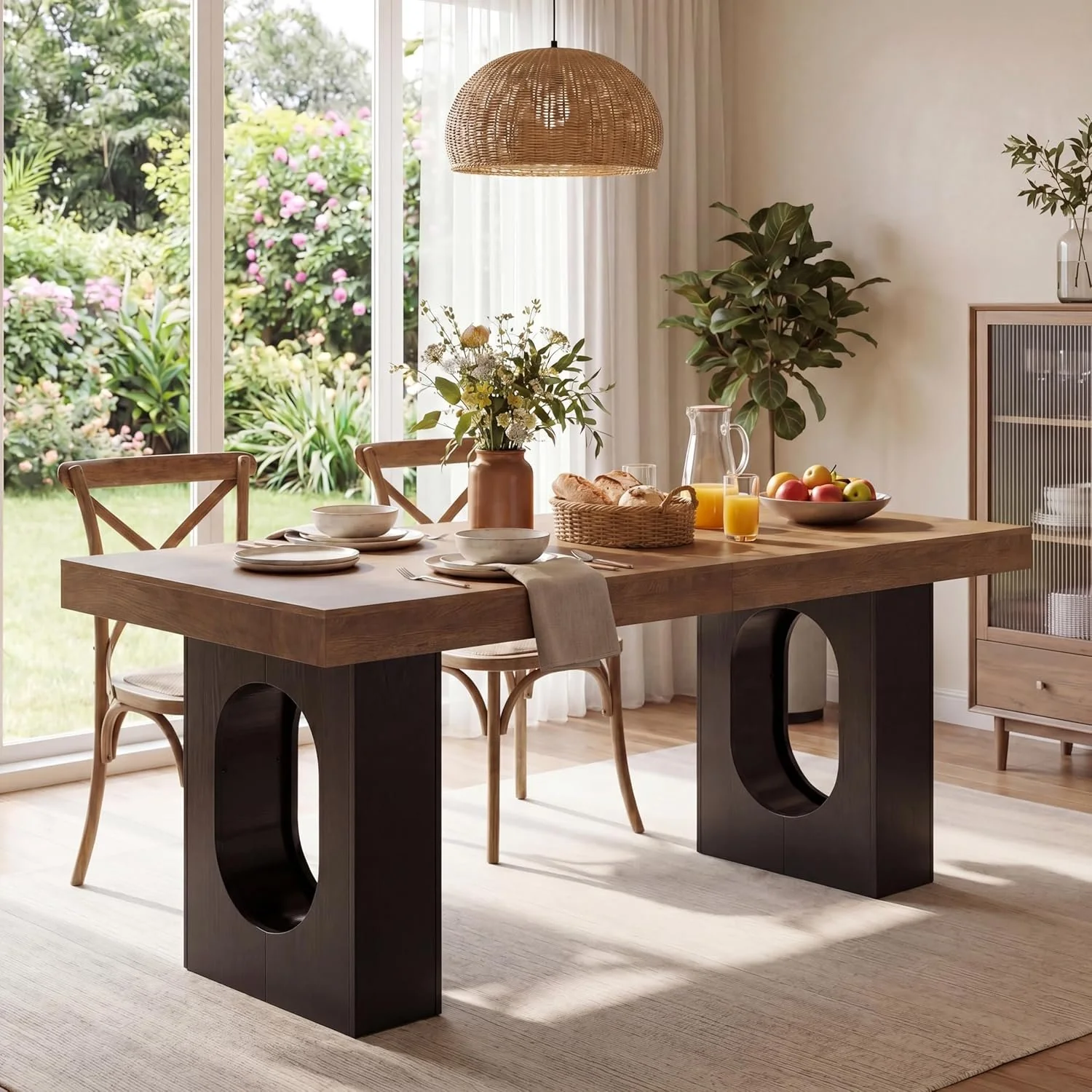 78.7" Rectangular Dining Table, Modern Farmhouse Kitchen Table with Sculptural Pedestal Base for 6-8 People - Image 6