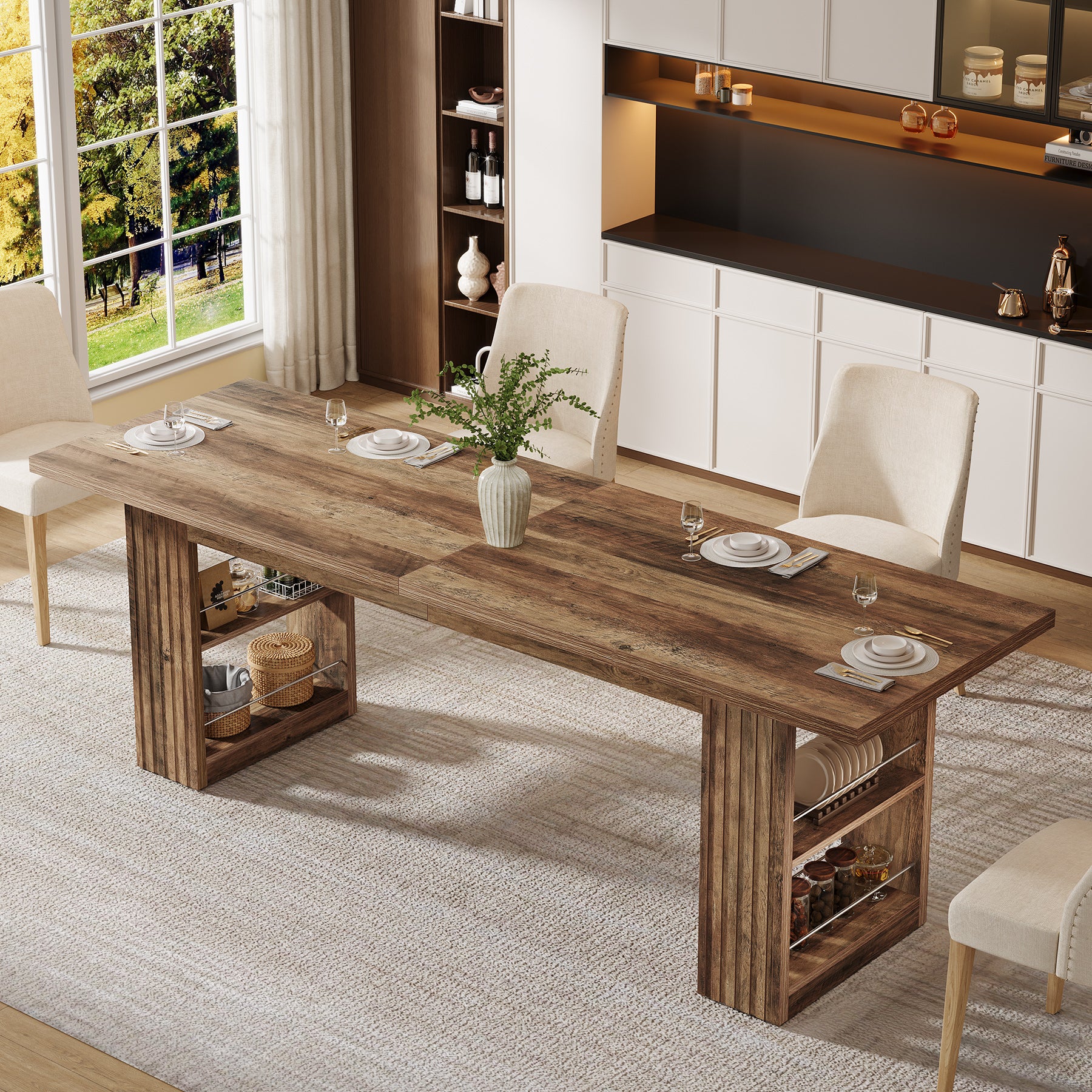 79” Farmhouse Dining Table, Large Kitchen Table with Storage Shelves for Dining Room & Kitchen - Image 3