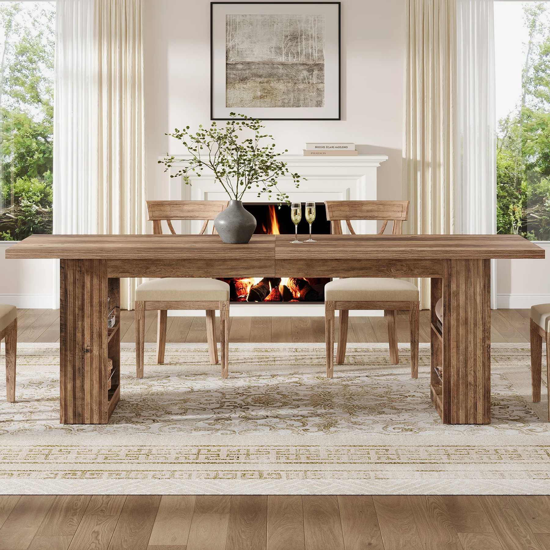 79” Farmhouse Dining Table, Large Kitchen Table with Storage Shelves for Dining Room & Kitchen - Image 4