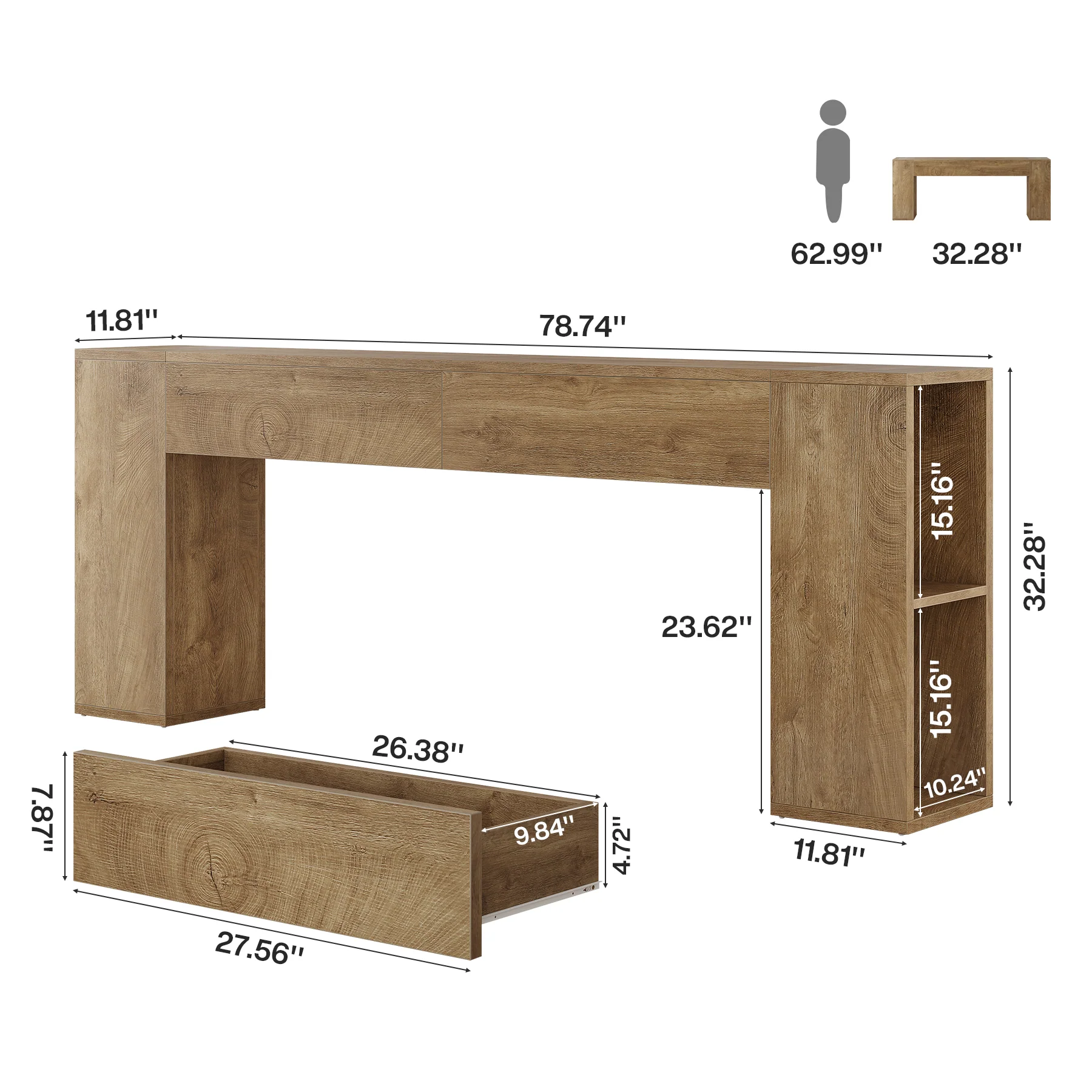 79" Long Console Table, Farmhouse Entryway Table with 2 Drawers and Side Storage Shelves - Image 2