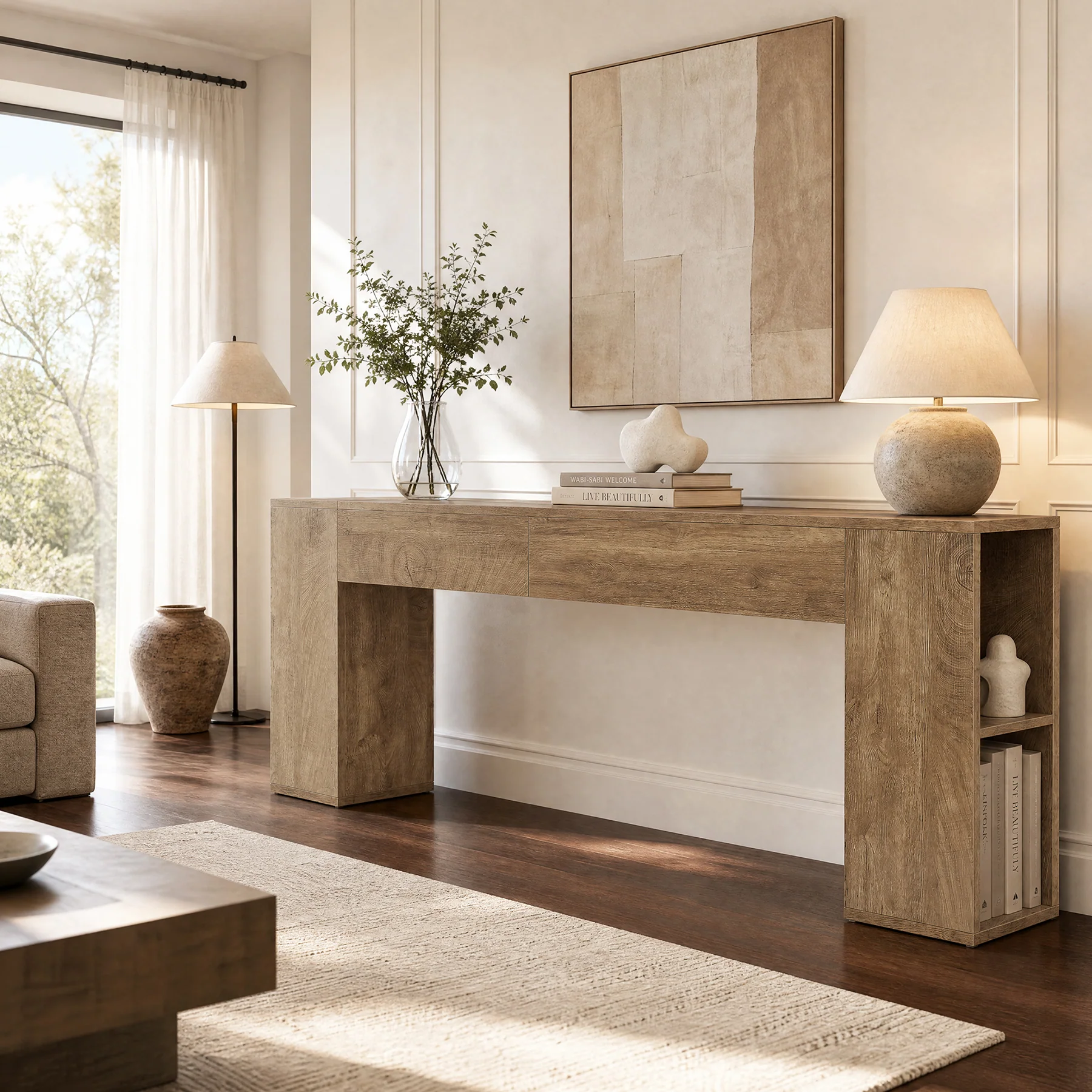 79" Long Console Table, Farmhouse Entryway Table with 2 Drawers and Side Storage Shelves - Image 3