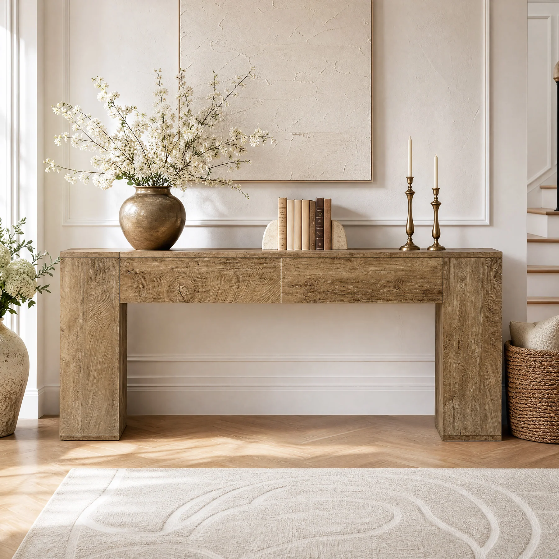 79" Long Console Table, Farmhouse Entryway Table with 2 Drawers and Side Storage Shelves - Image 4