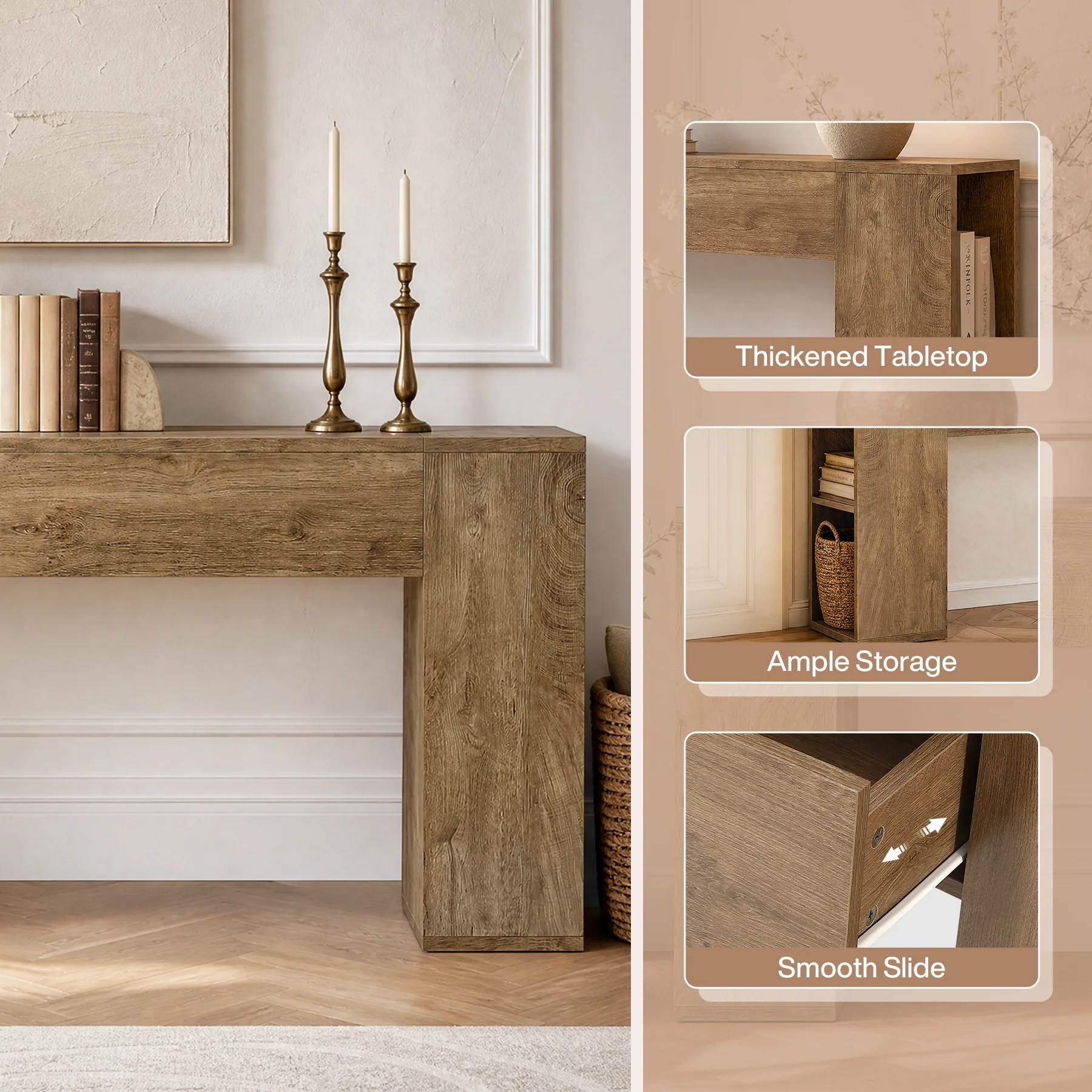 79" Long Console Table, Farmhouse Entryway Table with 2 Drawers and Side Storage Shelves - Image 7