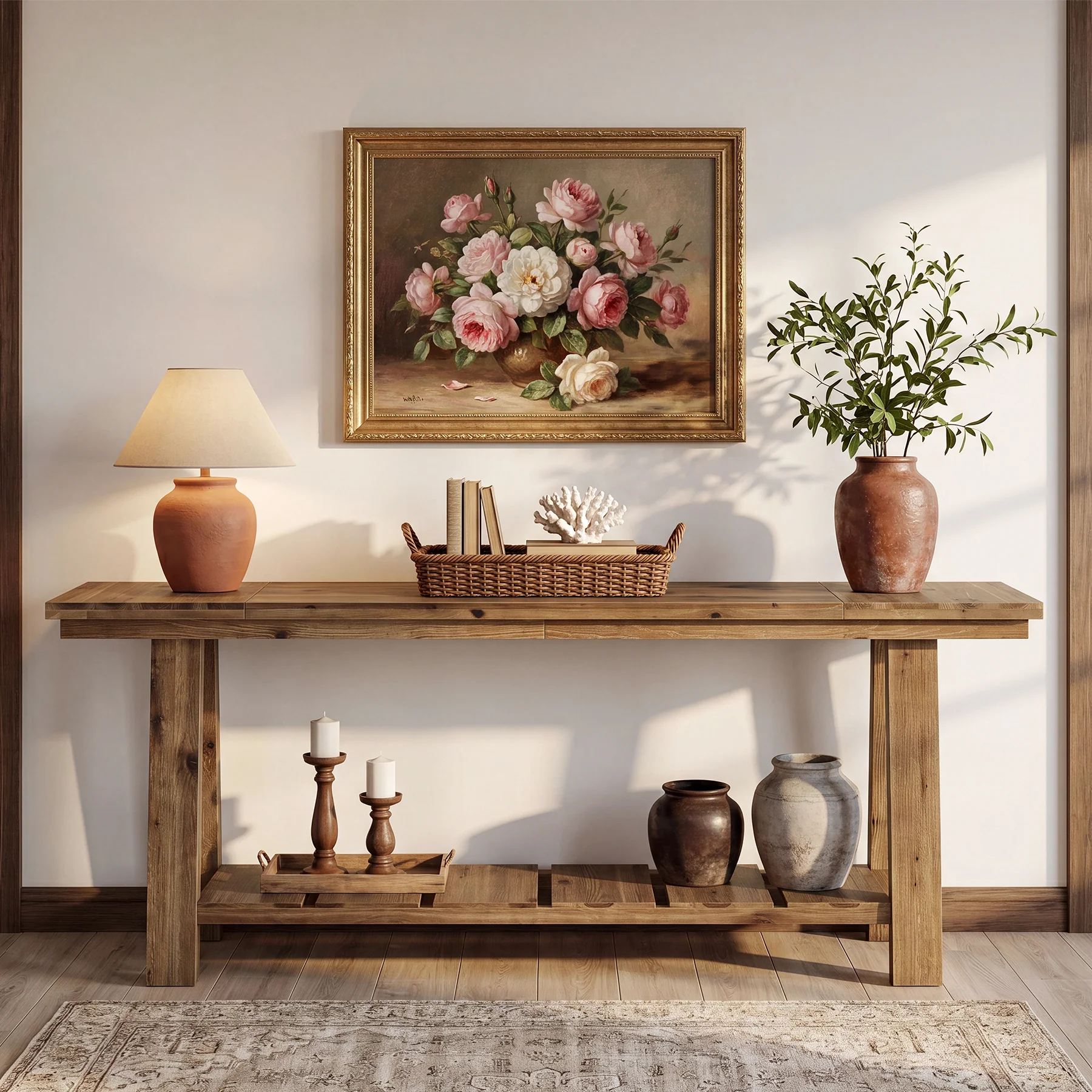 79" Solid Wood Console Table, Long Farmhouse Entryway Table with 2-Tier Storage Shelf - Image 4
