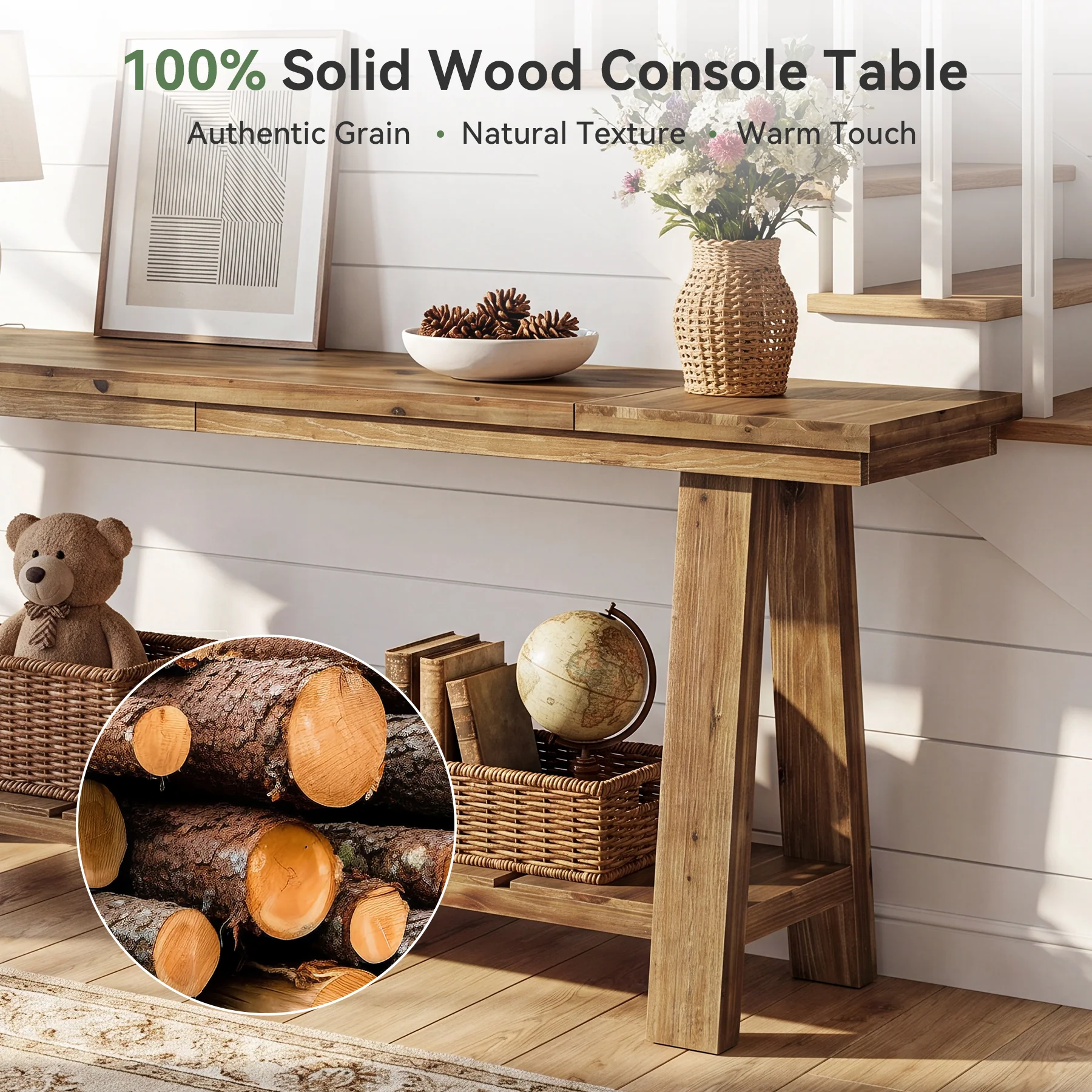 79" Solid Wood Console Table, Long Farmhouse Entryway Table with 2-Tier Storage Shelf - Image 7