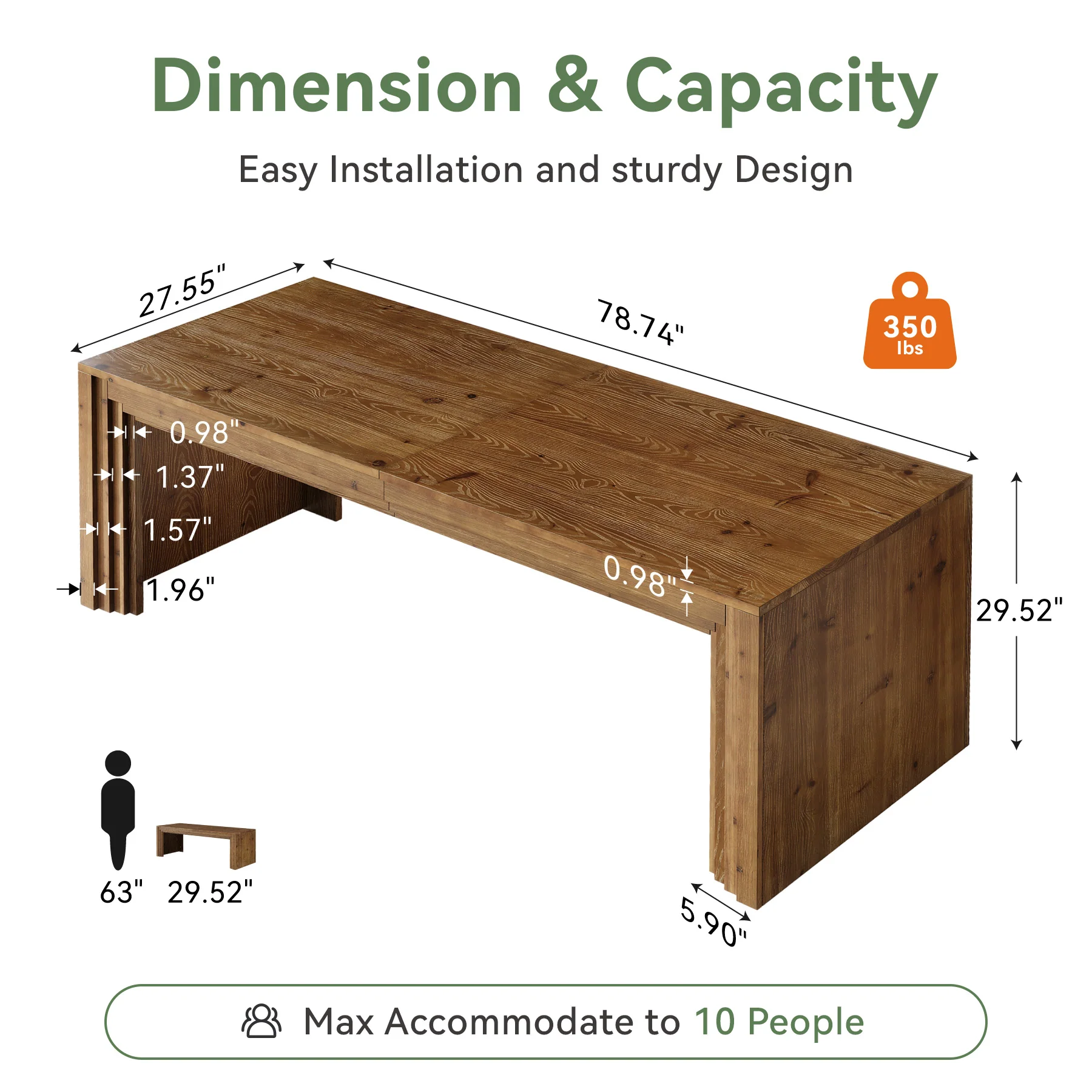 Solid Wood Dining Table for 6-10, 78.7" Rectangular Kitchen Table for Dining Room - Image 2