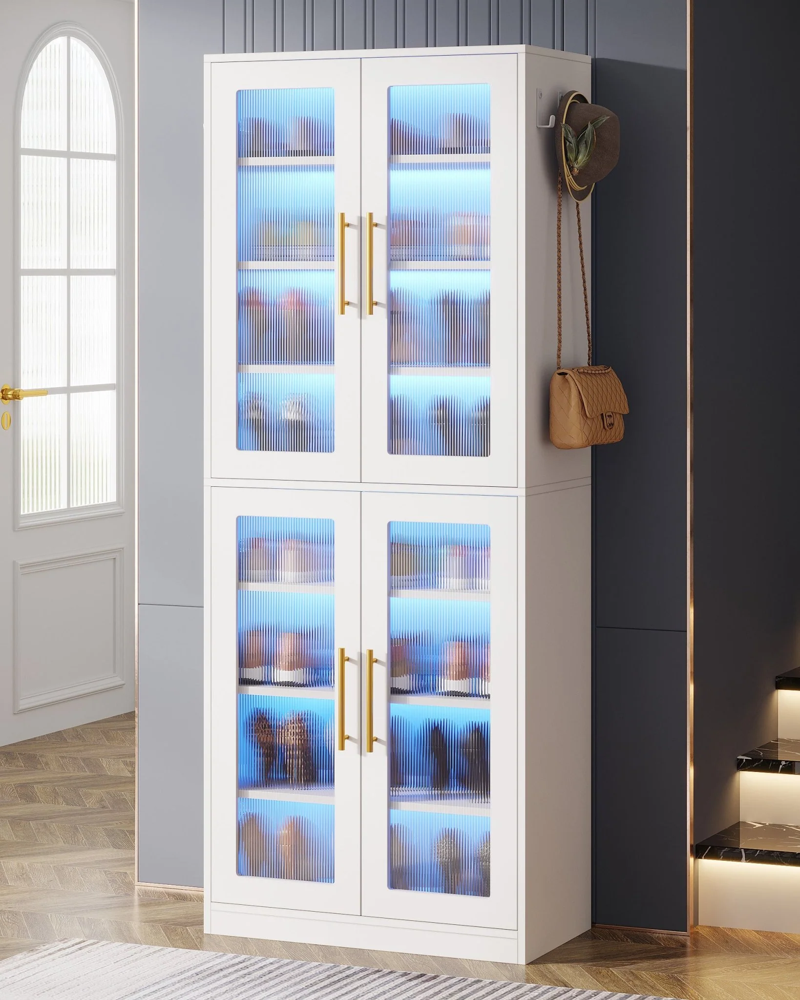 66.9" Tall Shoe Storage Cabinet, 8-Tier Entryway Shoe Organizer Rack with Acrylic Doors and LED Lights