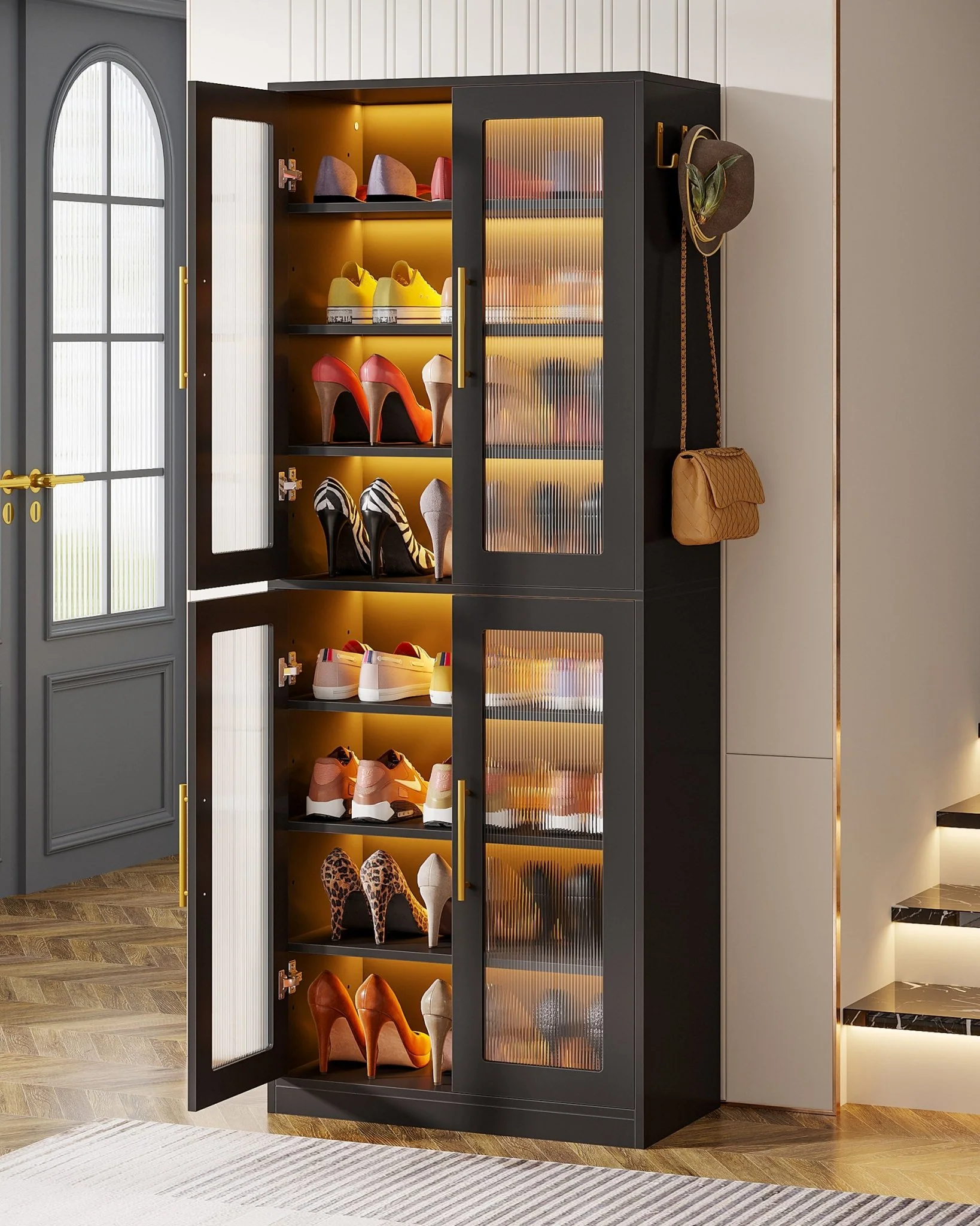 66.9" Tall Shoe Storage Cabinet, 8-Tier Entryway Shoe Organizer Rack with Acrylic Doors and LED Lights - Image 10
