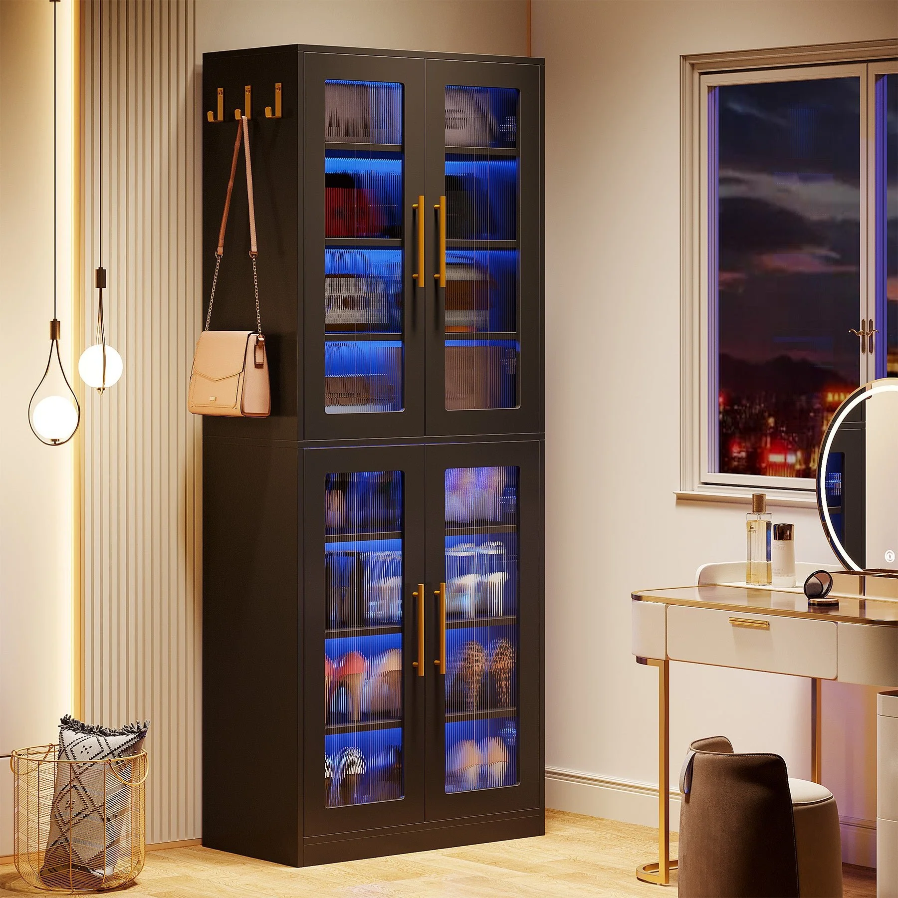 66.9" Tall Shoe Storage Cabinet, 8-Tier Entryway Shoe Organizer Rack with Acrylic Doors and LED Lights - Image 11