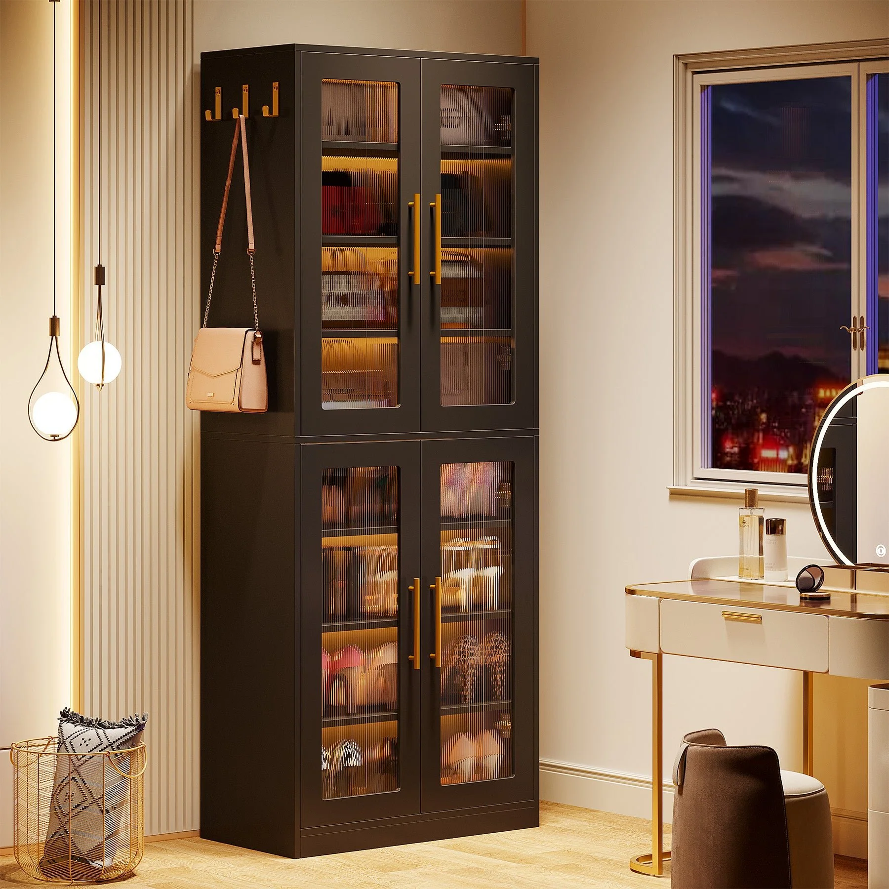 66.9" Tall Shoe Storage Cabinet, 8-Tier Entryway Shoe Organizer Rack with Acrylic Doors and LED Lights - Image 12
