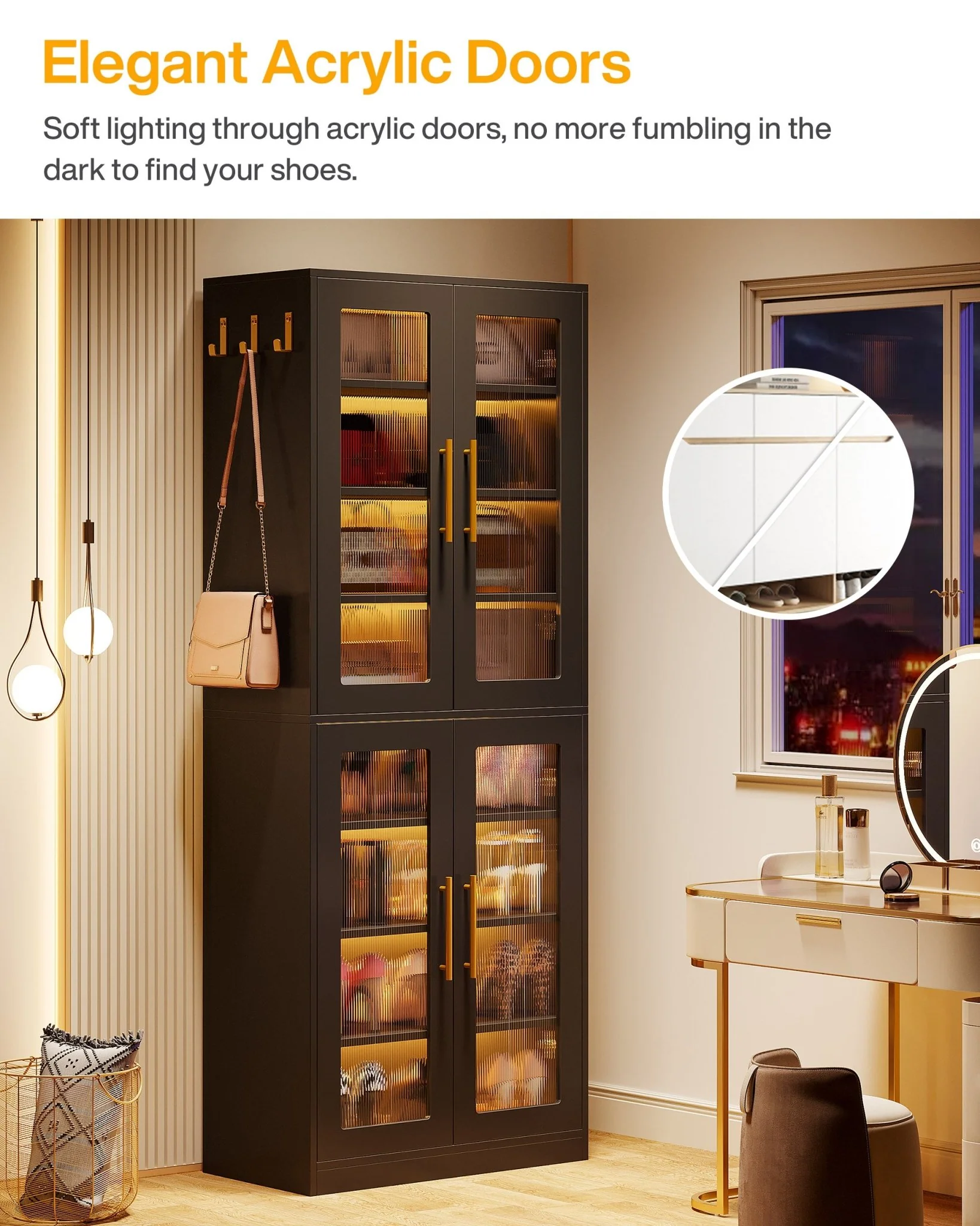 66.9" Tall Shoe Storage Cabinet, 8-Tier Entryway Shoe Organizer Rack with Acrylic Doors and LED Lights - Image 18