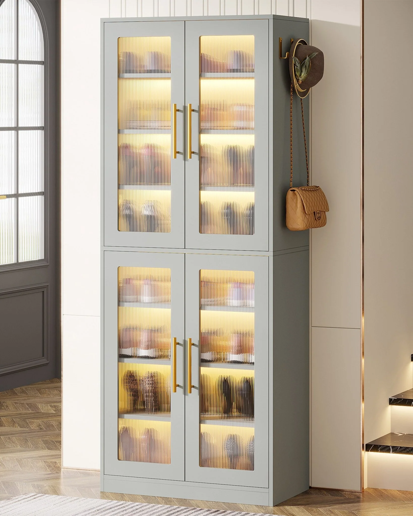 66.9" Tall Shoe Storage Cabinet, 8-Tier Entryway Shoe Organizer Rack with Acrylic Doors and LED Lights - Image 21