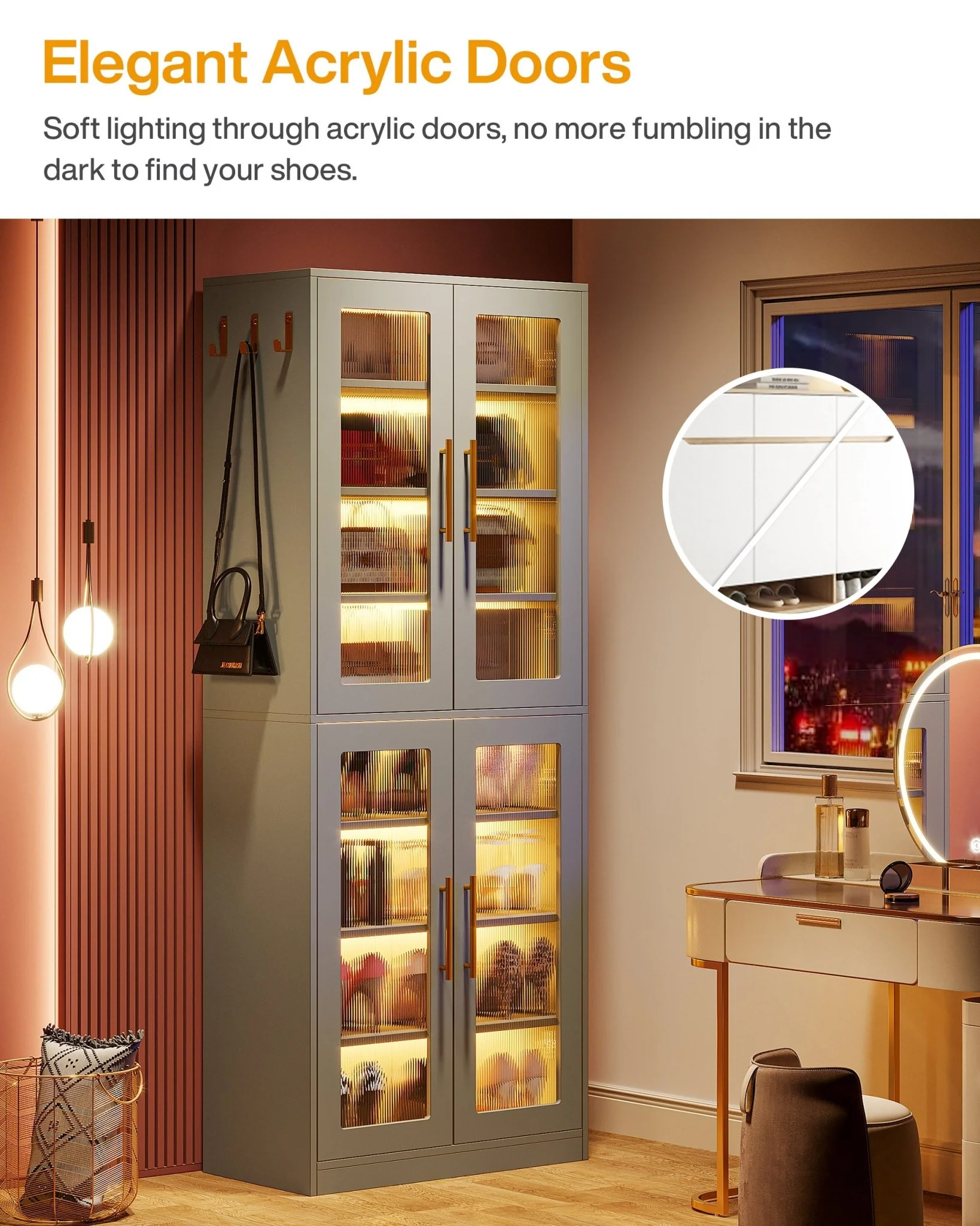 66.9" Tall Shoe Storage Cabinet, 8-Tier Entryway Shoe Organizer Rack with Acrylic Doors and LED Lights - Image 28