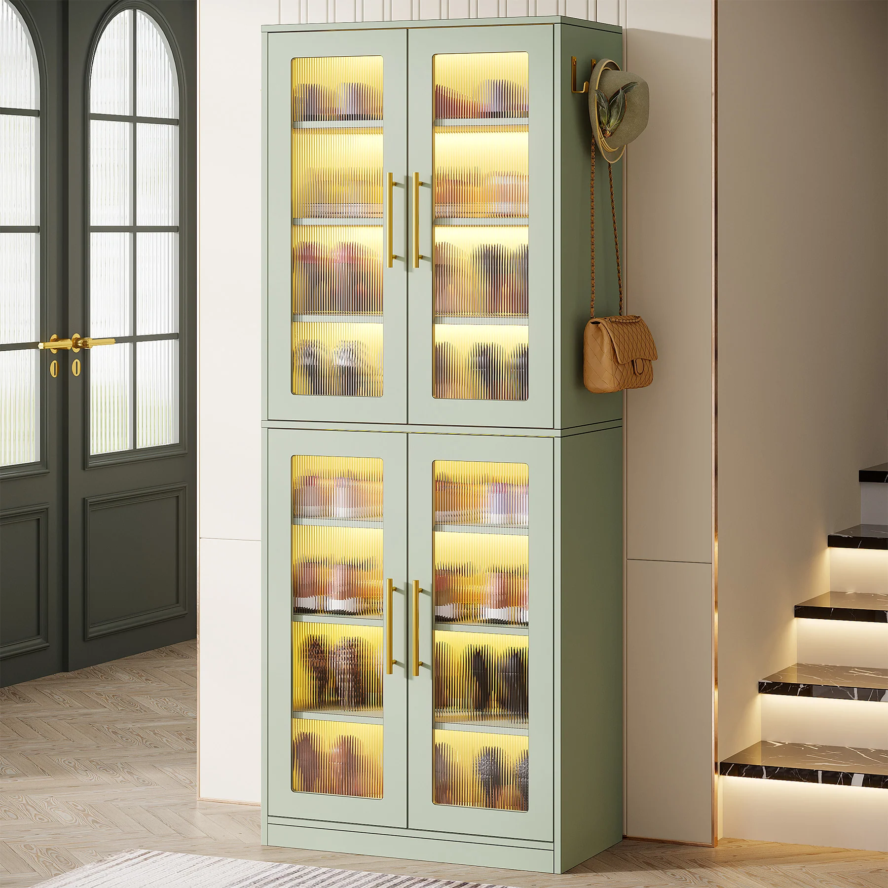 66.9" Tall Shoe Storage Cabinet, 8-Tier Entryway Shoe Organizer Rack with Acrylic Doors and LED Lights - Image 31