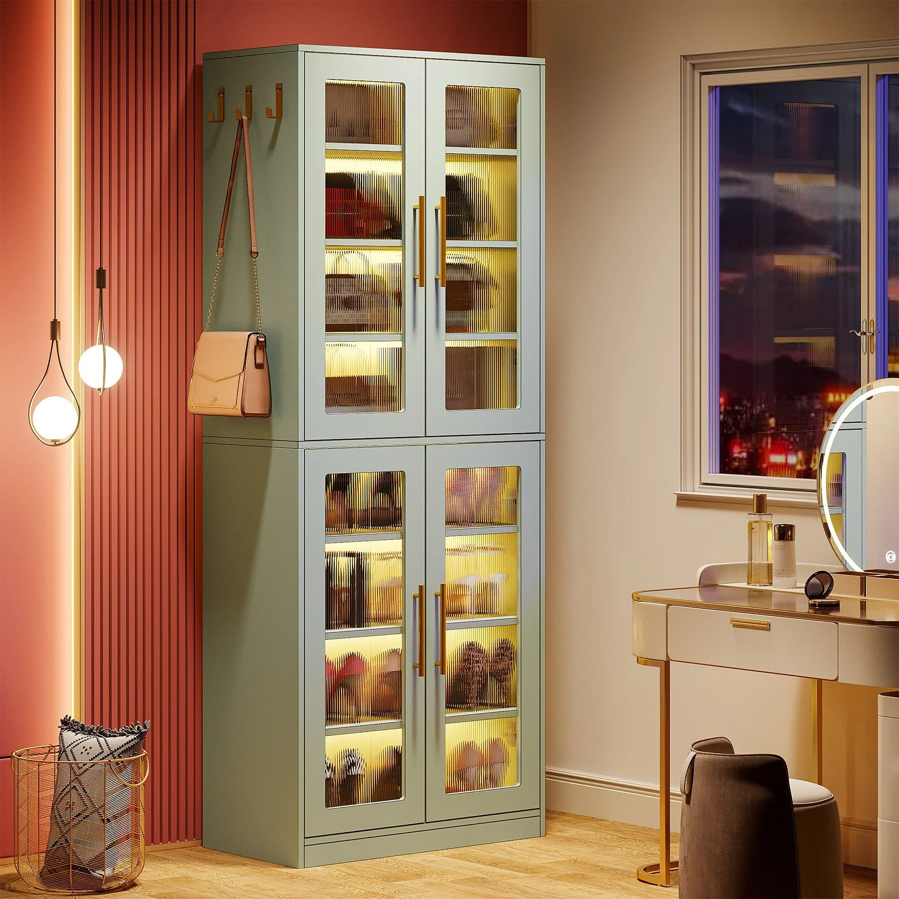 66.9" Tall Shoe Storage Cabinet, 8-Tier Entryway Shoe Organizer Rack with Acrylic Doors and LED Lights - Image 33