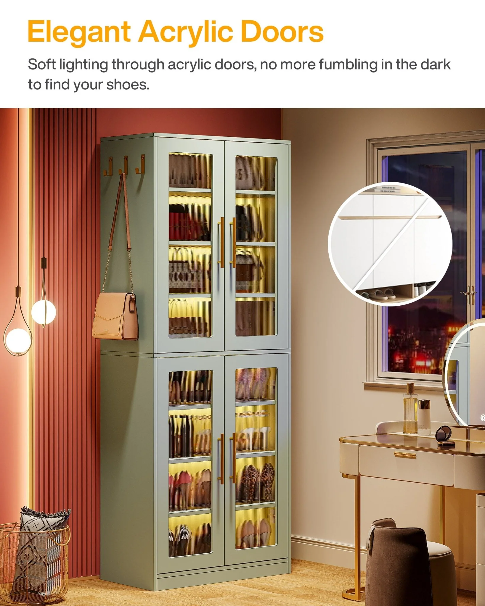 66.9" Tall Shoe Storage Cabinet, 8-Tier Entryway Shoe Organizer Rack with Acrylic Doors and LED Lights - Image 37