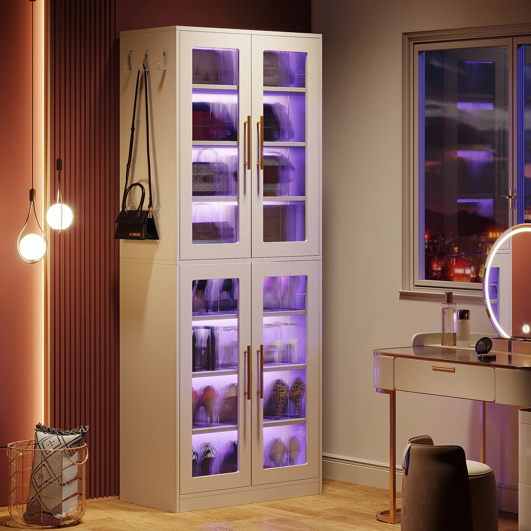 66.9" Tall Shoe Storage Cabinet, 8-Tier Entryway Shoe Organizer Rack with Acrylic Doors and LED Lights - Image 4