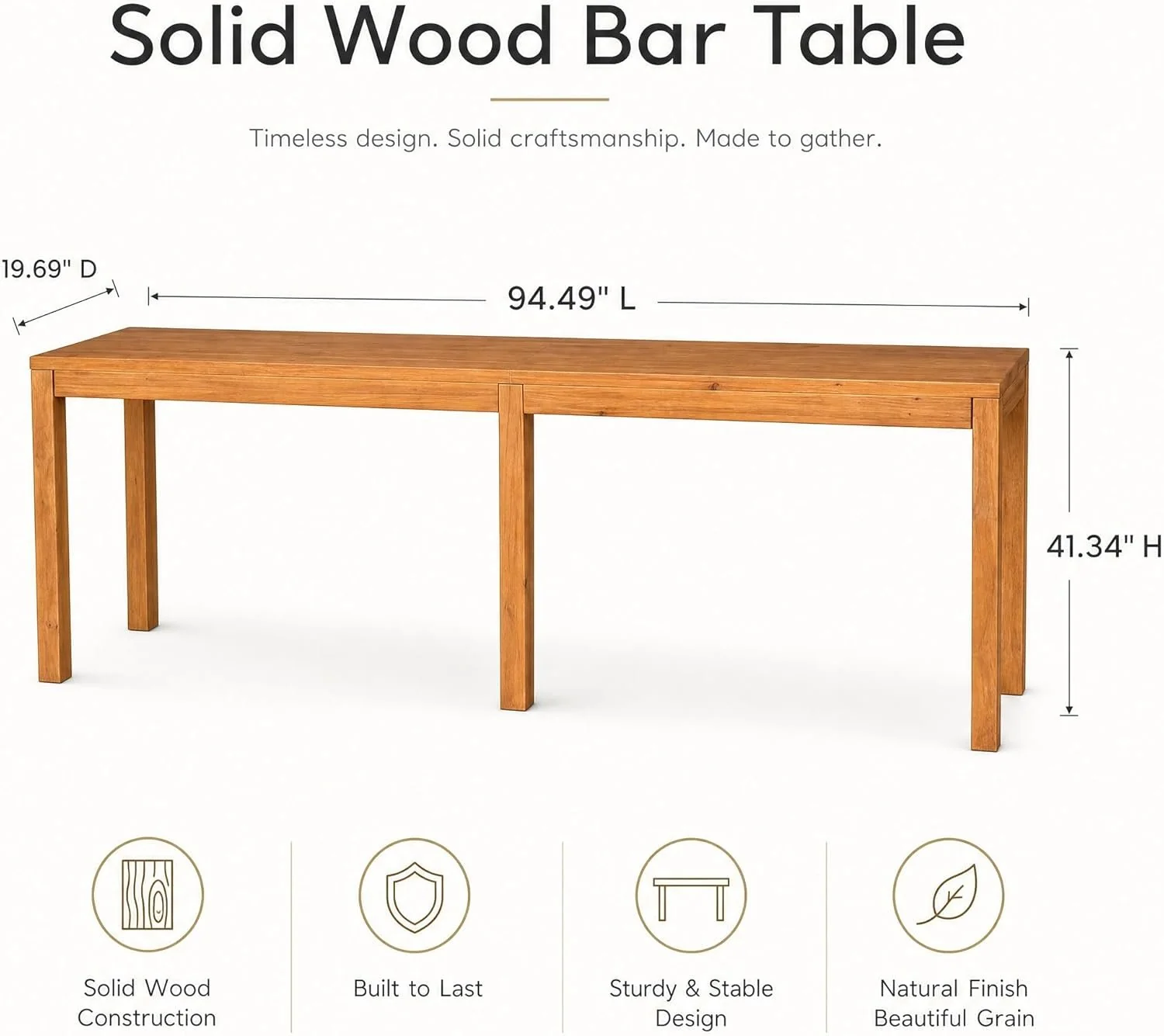 95" Solid Wood Bar Height Table, Rustic Counter Height Dining Table for Kitchen - Image 2