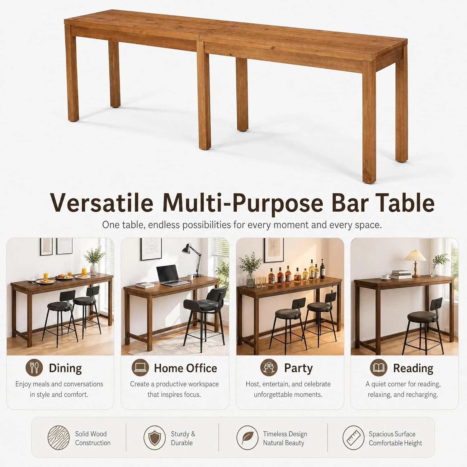95" Solid Wood Bar Height Table, Rustic Counter Height Dining Table for Kitchen - Image 9
