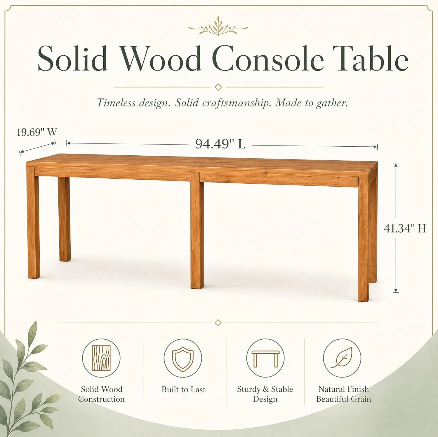 95" Solid Wood Console Table, Farmhouse Sofa Table Behind the Couch for Hallway - Image 2