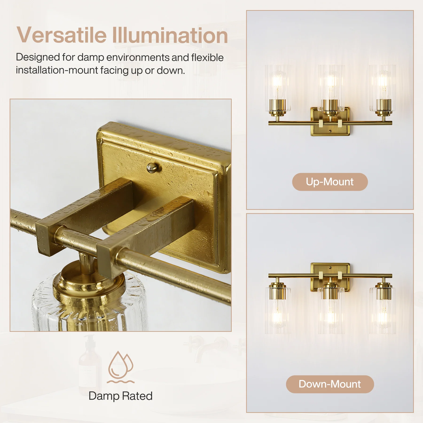 3-Light Bathroom Lighting, Adjustable Vanity Wall Sconce with Ribbed Glass Shades - Image 5