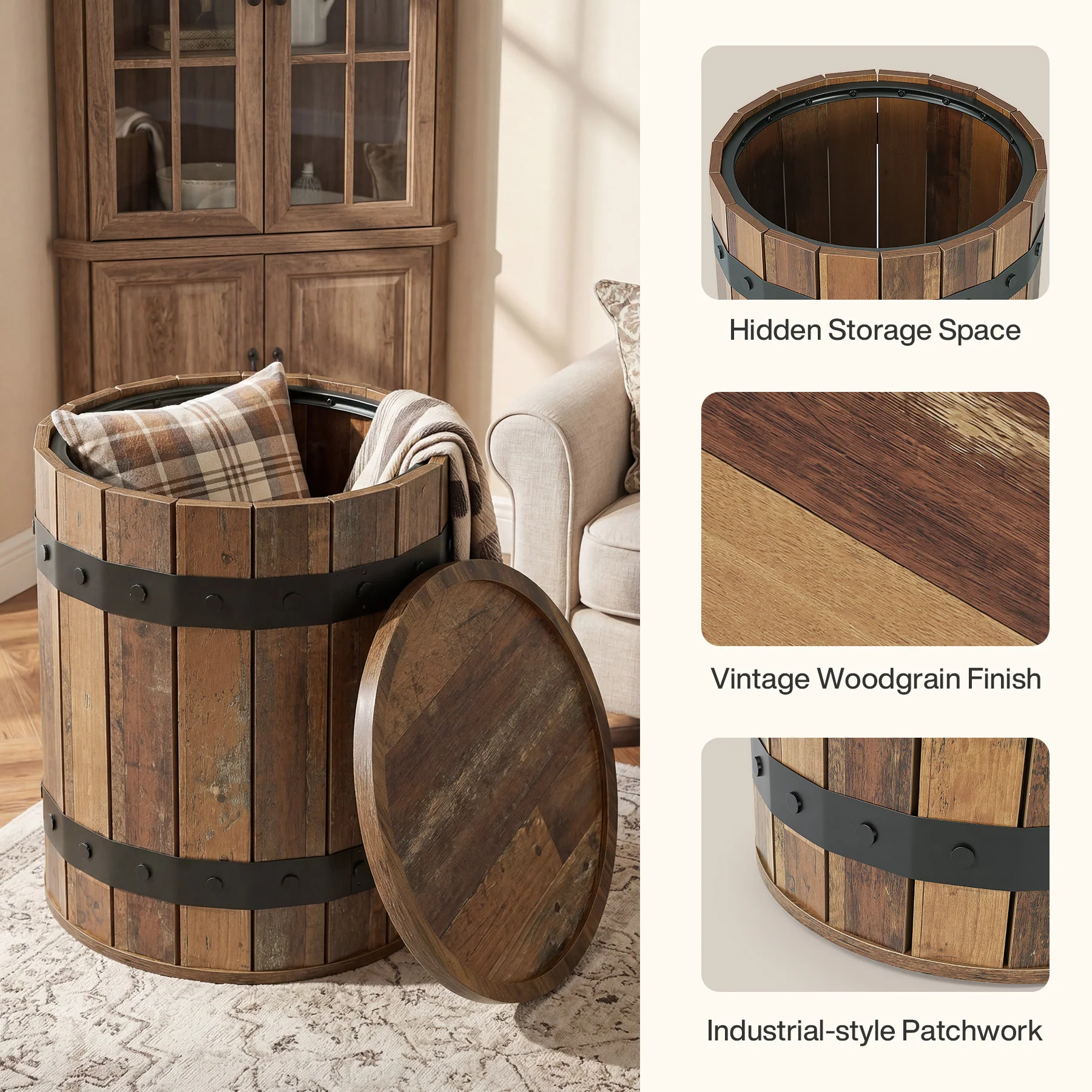 19.68" Barrel Side Table with Hidden Storage, Round Wood End Table with Lid for Living Room and Bedroom - Image 10
