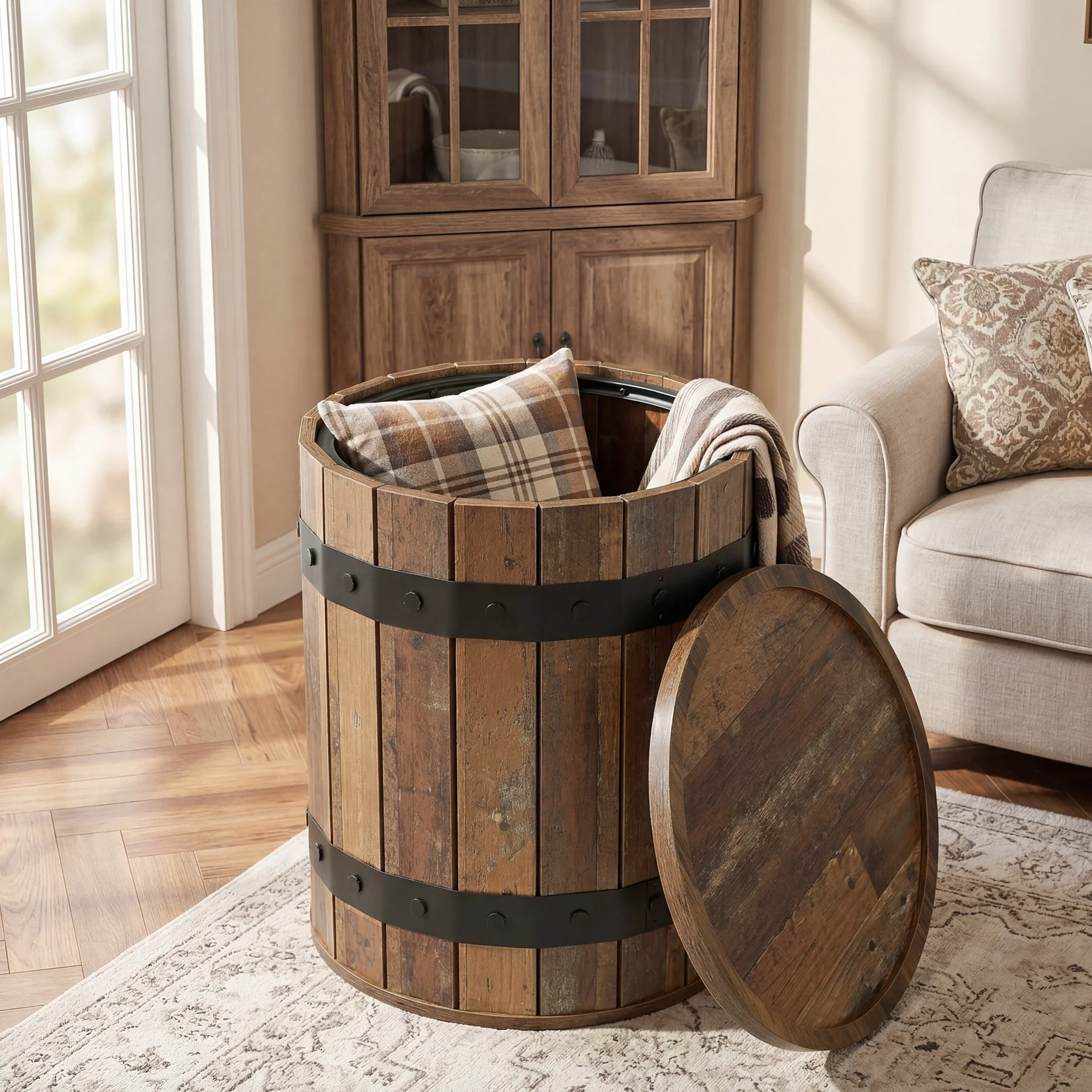 19.68" Barrel Side Table with Hidden Storage, Round Wood End Table with Lid for Living Room and Bedroom - Image 3