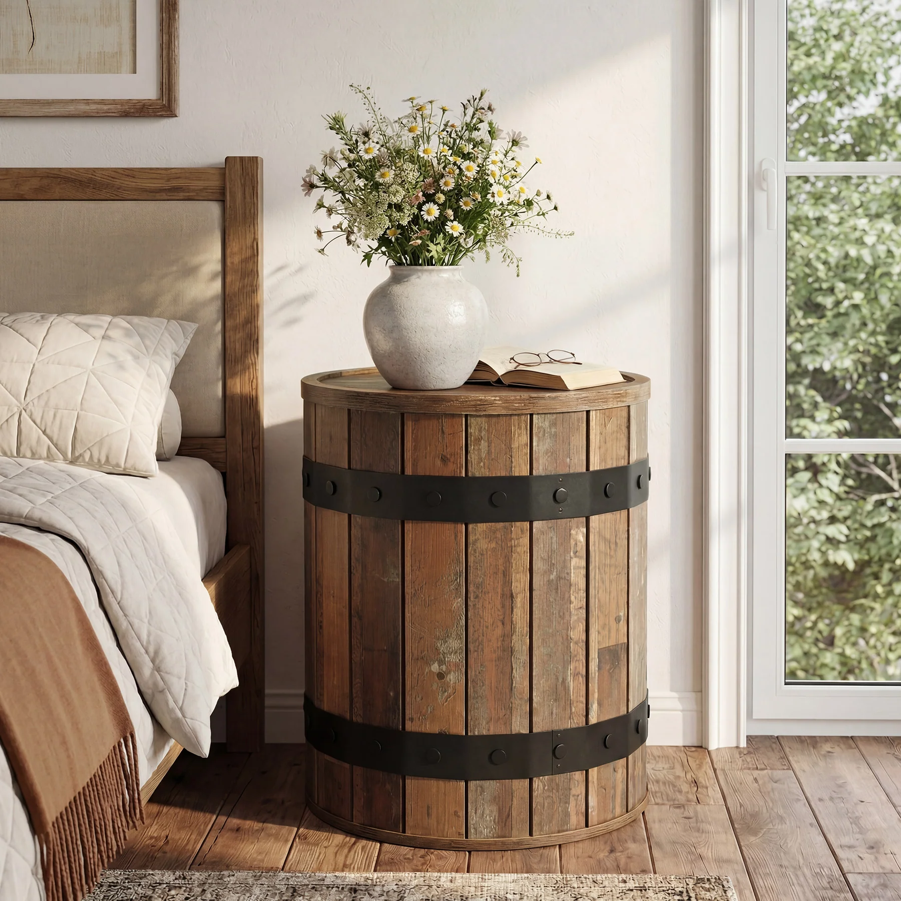 19.68" Barrel Side Table with Hidden Storage, Round Wood End Table with Lid for Living Room and Bedroom - Image 4