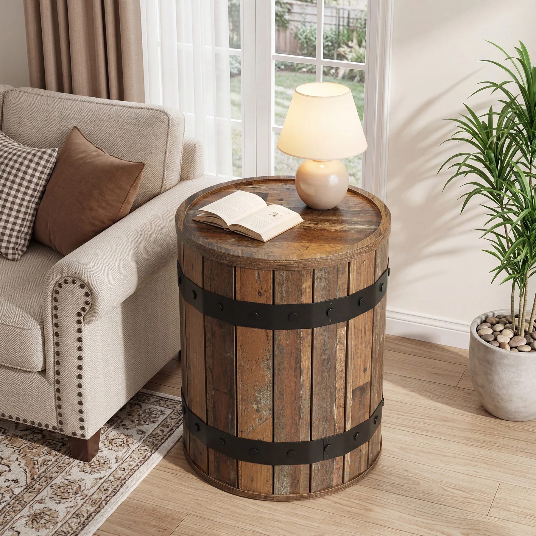 19.68" Barrel Side Table with Hidden Storage, Round Wood End Table with Lid for Living Room and Bedroom - Image 5