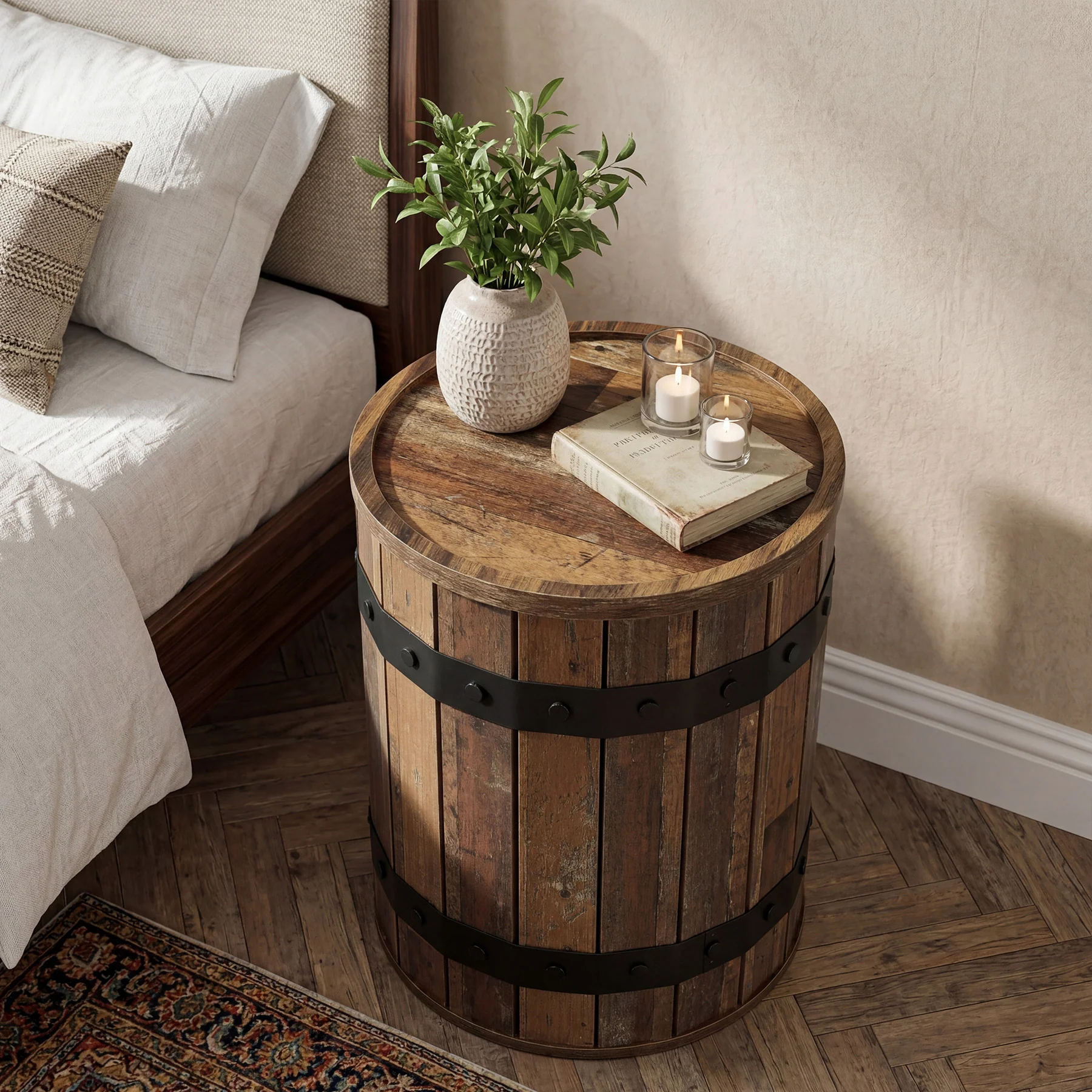 19.68" Barrel Side Table with Hidden Storage, Round Wood End Table with Lid for Living Room and Bedroom - Image 6