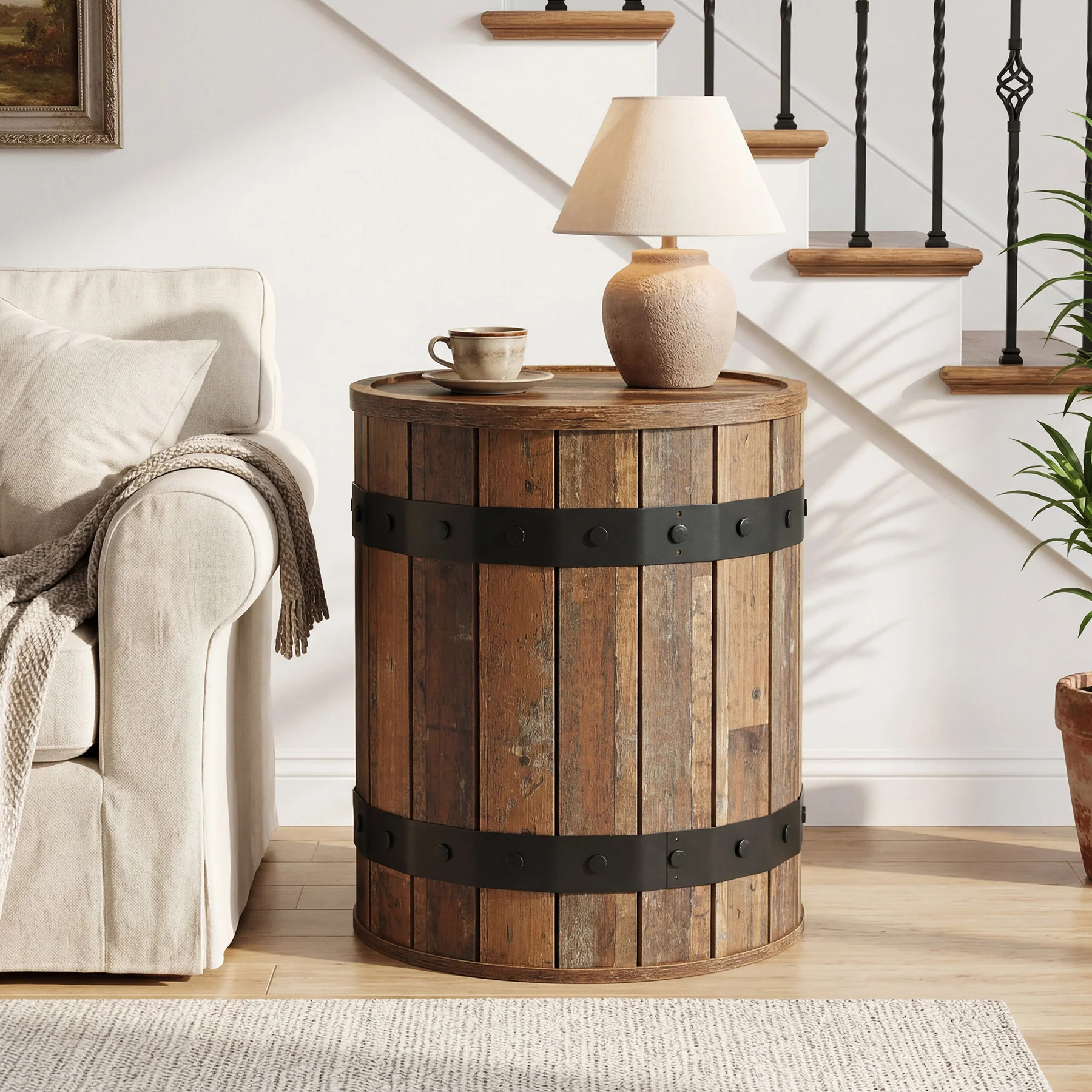 19.68" Barrel Side Table with Hidden Storage, Round Wood End Table with Lid for Living Room and Bedroom - Image 8