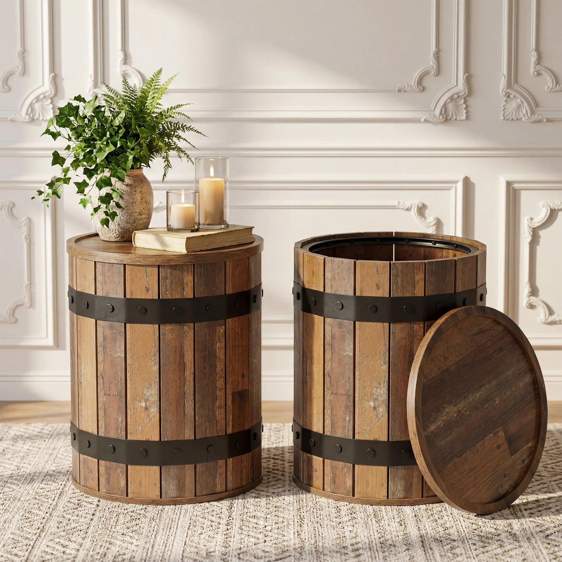 19.68" Barrel Side Table with Hidden Storage, Round Wood End Table with Lid for Living Room and Bedroom - Image 9