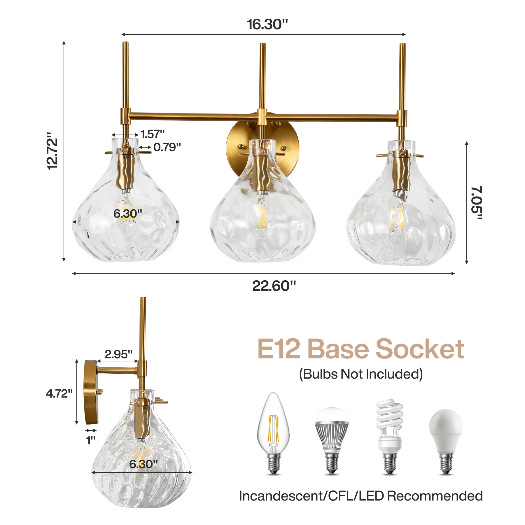 3-Light Vanity Light, Bathroom Light Fixtures with Water Ripple Glass Shades - Image 2