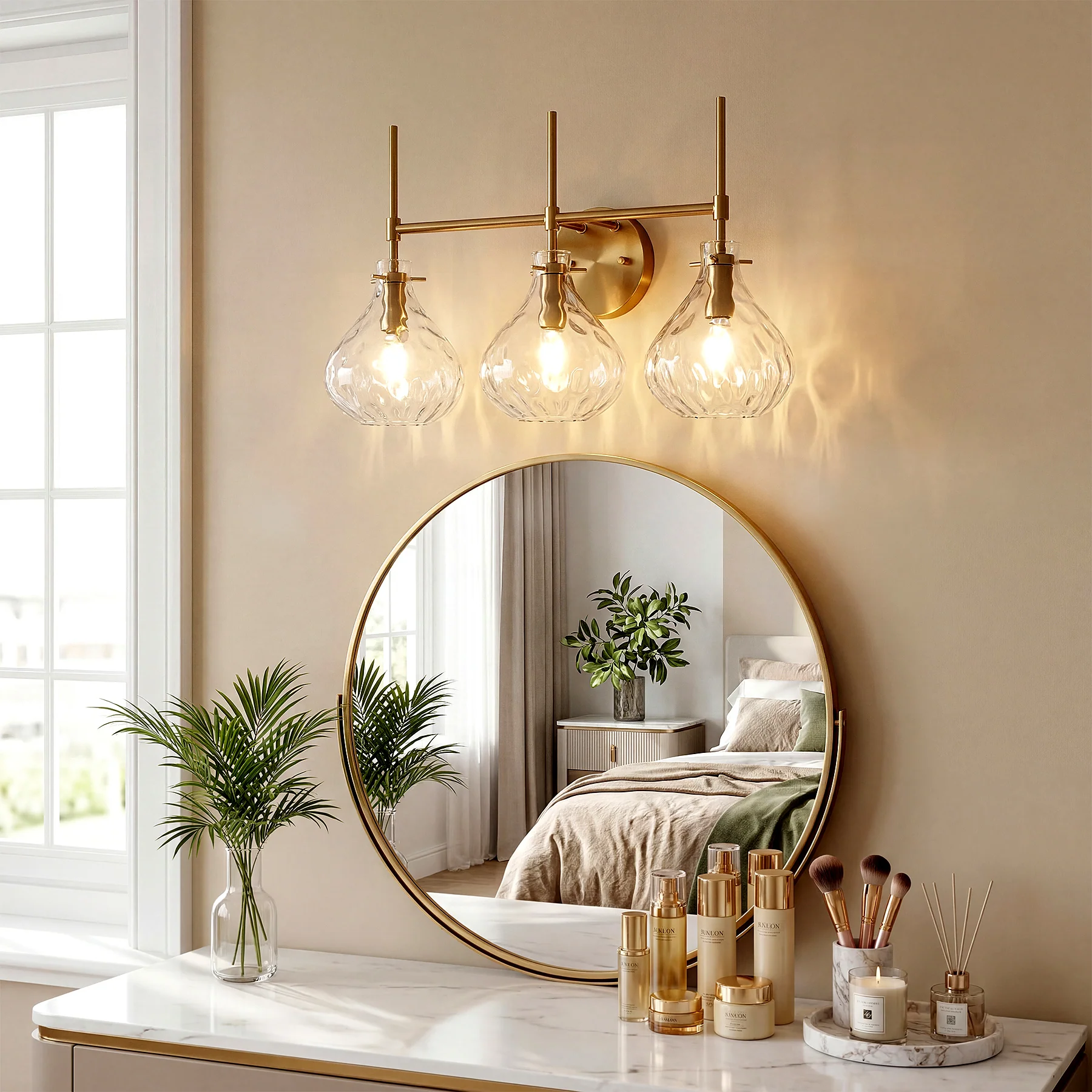 3-Light Vanity Light, Bathroom Light Fixtures with Water Ripple Glass Shades - Image 3