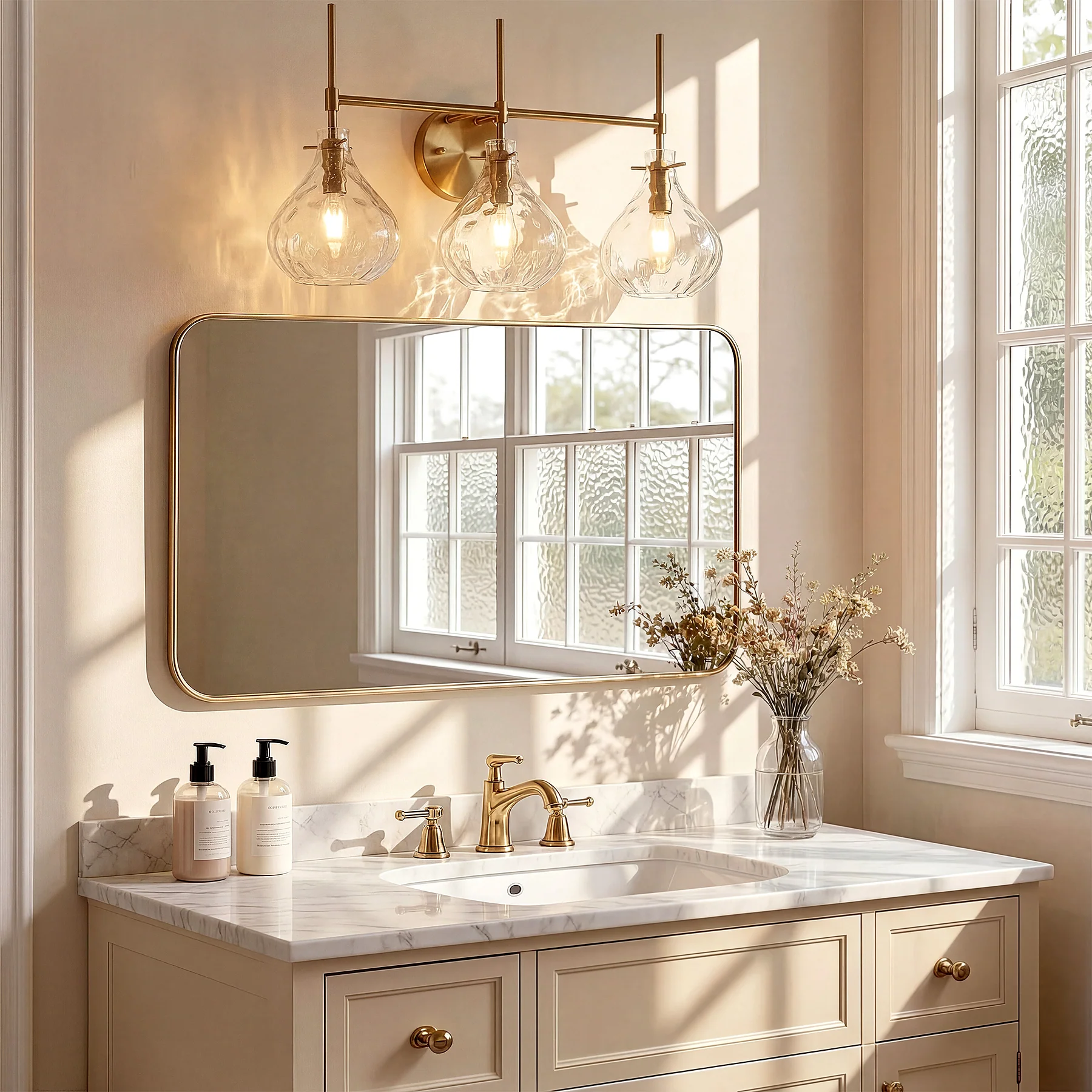 3-Light Vanity Light, Bathroom Light Fixtures with Water Ripple Glass Shades - Image 4