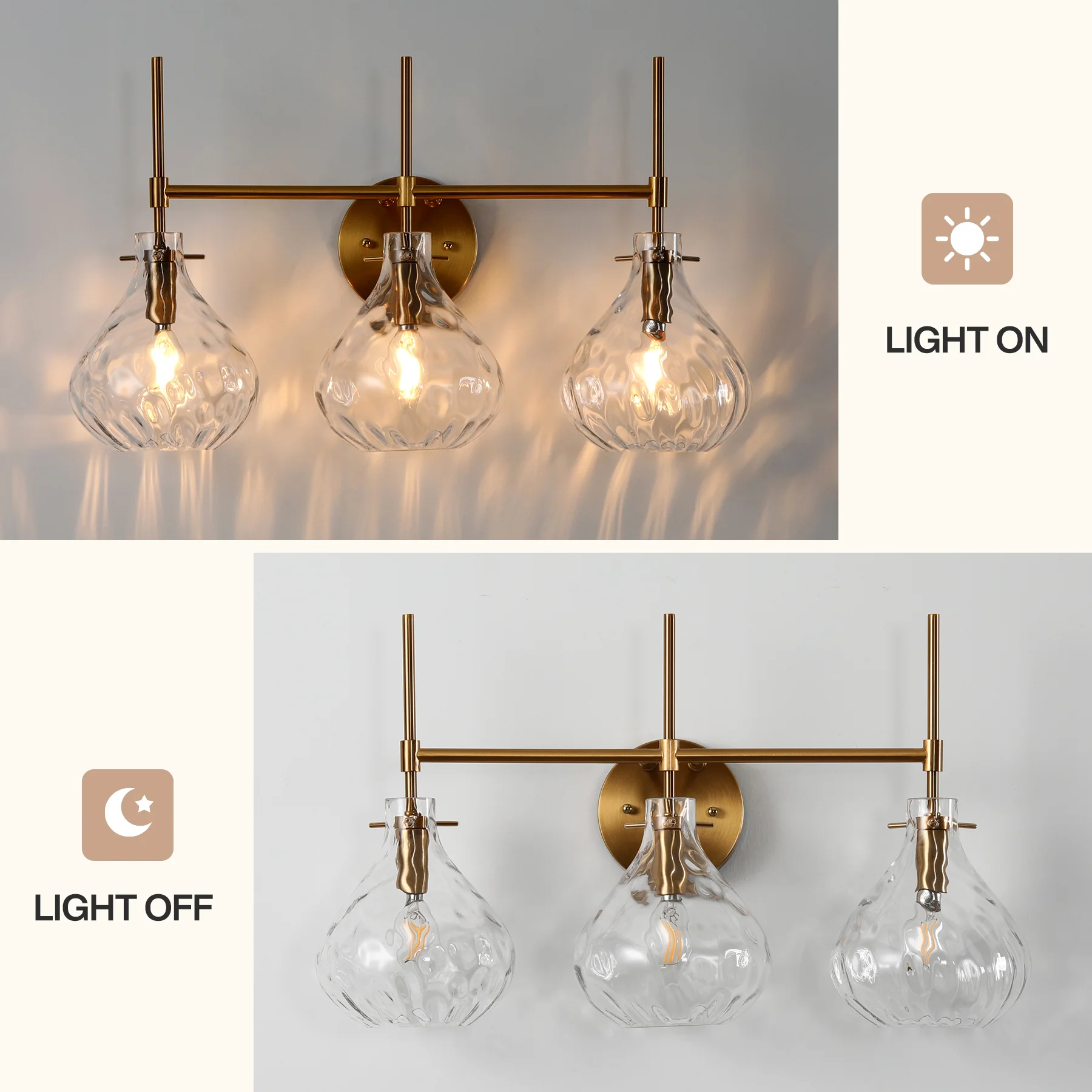 3-Light Vanity Light, Bathroom Light Fixtures with Water Ripple Glass Shades - Image 6