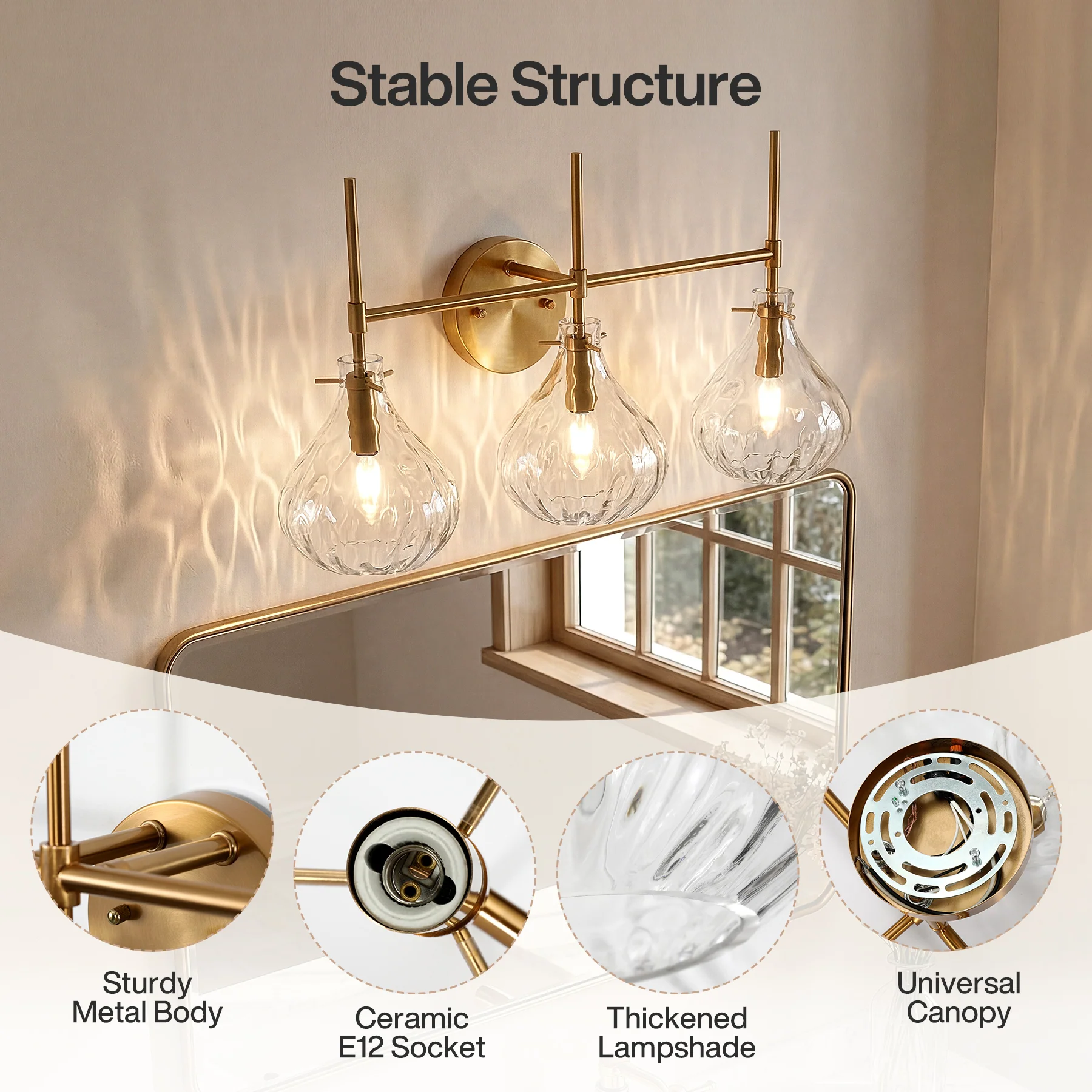 3-Light Vanity Light, Bathroom Light Fixtures with Water Ripple Glass Shades - Image 7