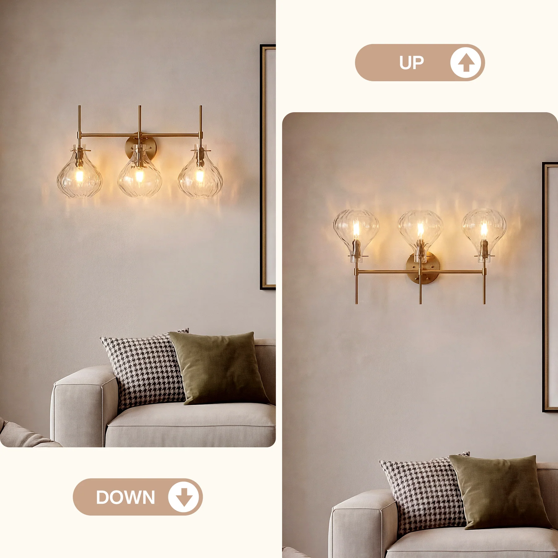 3-Light Vanity Light, Bathroom Light Fixtures with Water Ripple Glass Shades - Image 8